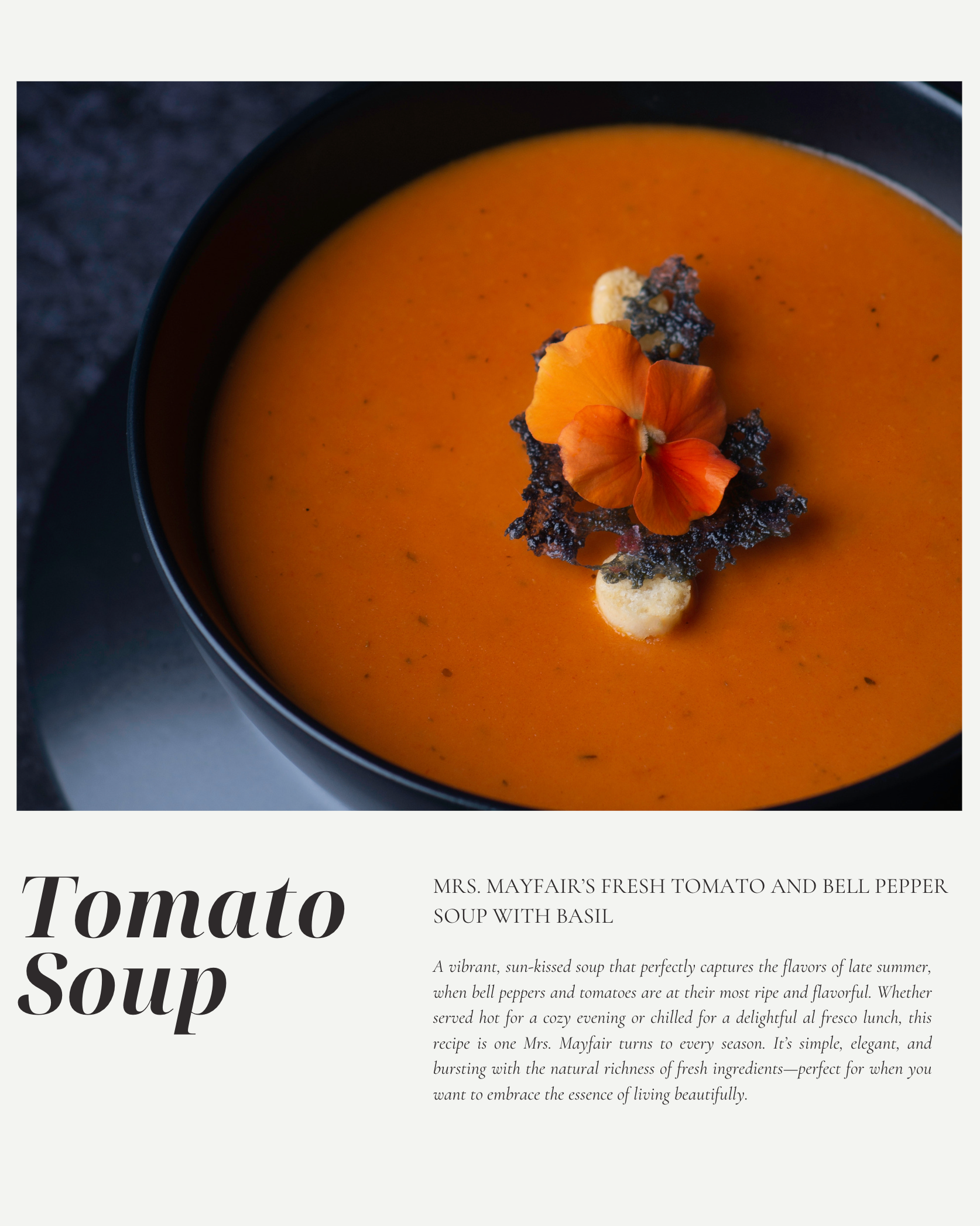 Mrs. Mayfair’s Fresh Tomato and Bell Pepper Soup with Basil