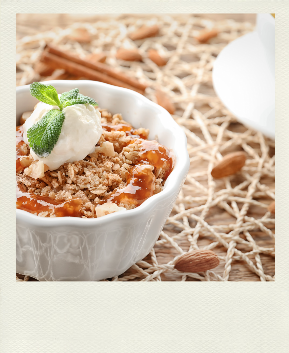 A Warm Embrace in Every Bite: Mrs. Mayfair's Apple Crisp with Honey-Vanilla Crème Fraîche