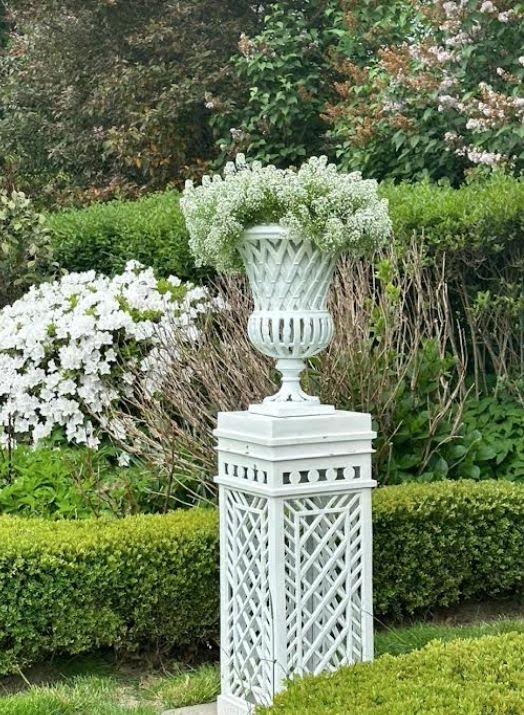 White CAST ALUMINUM FRETWORK URN and Pedestal