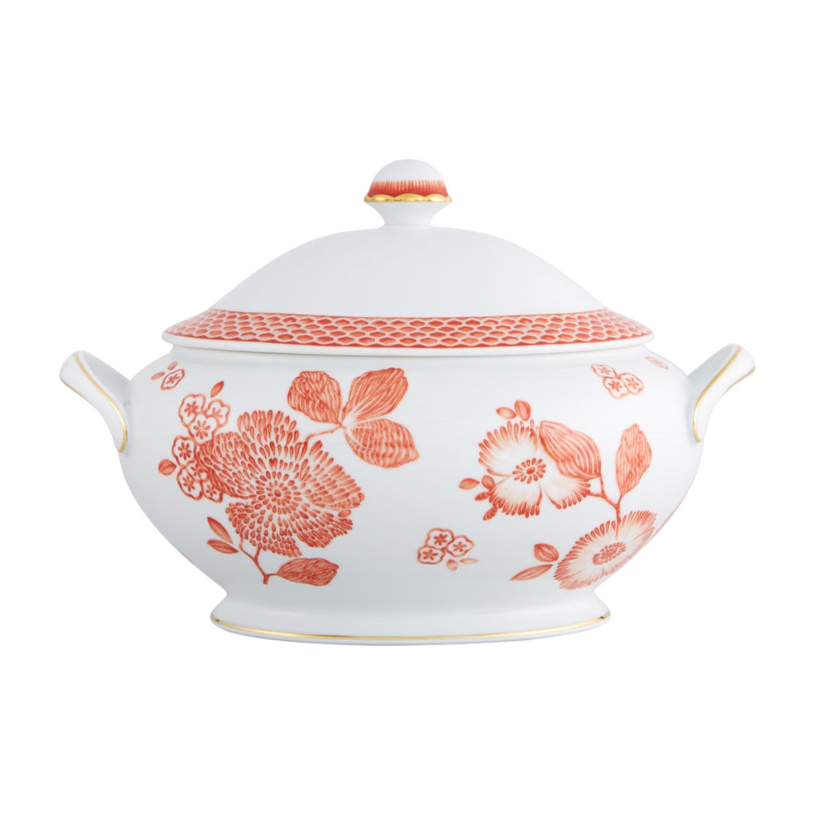 Coralina Porcelain Tureen in White and Red