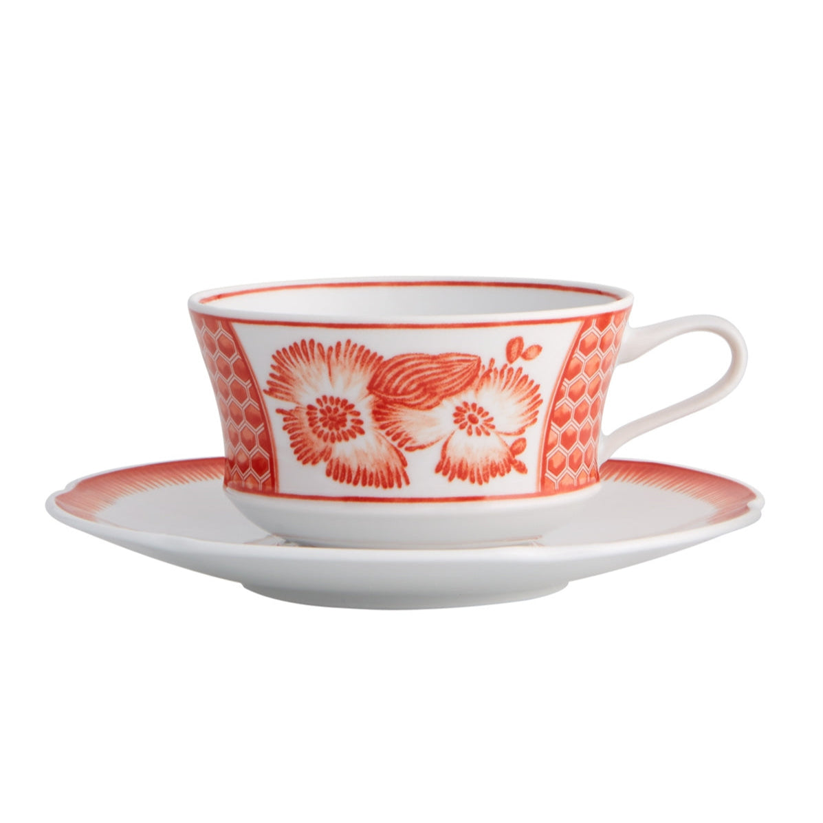 Coralina Porcelain Tea Cup and Saucer in White and Red (Set of 4)