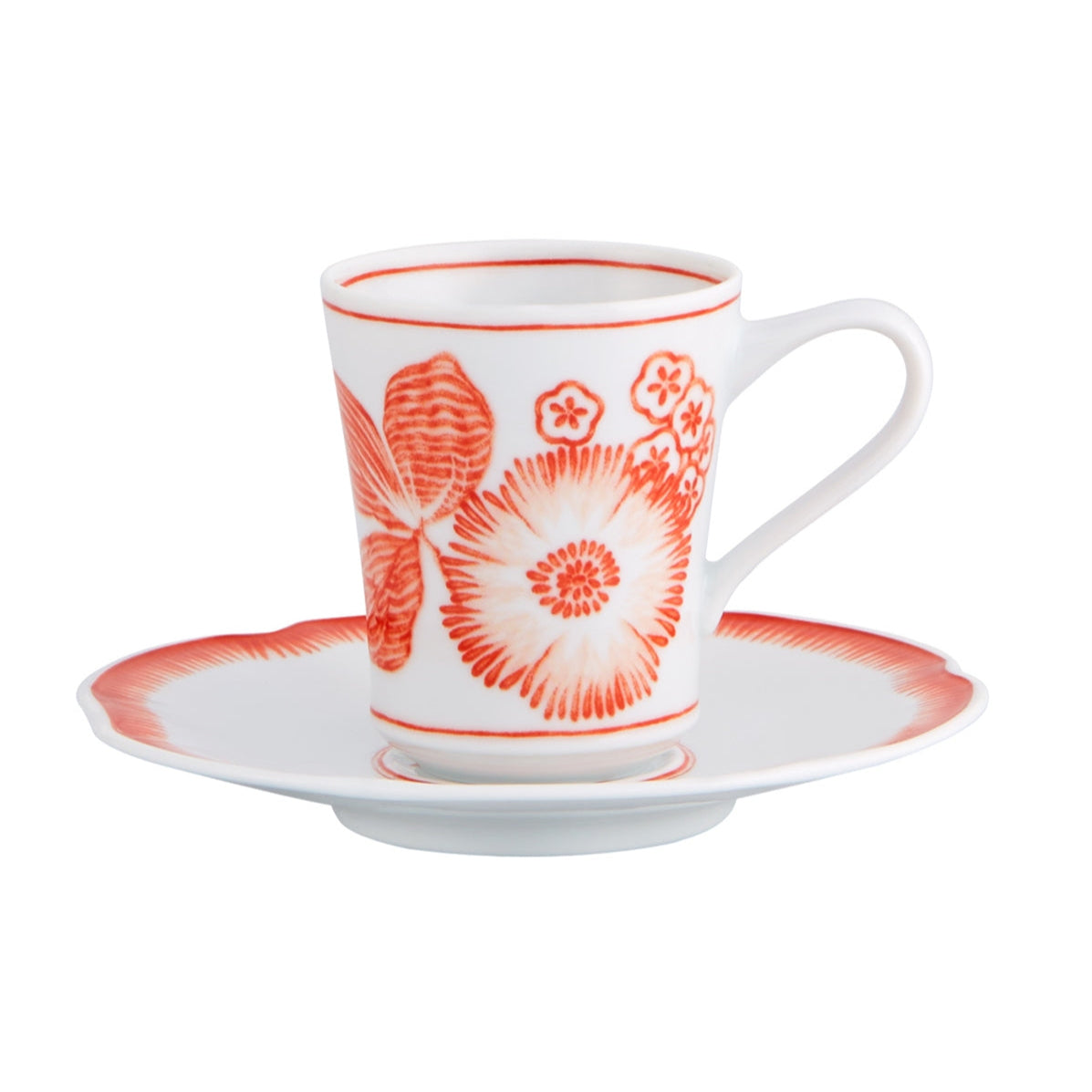 Coralina Porcelain Coffee Cup and Saucer in White and Red (Set of 4)