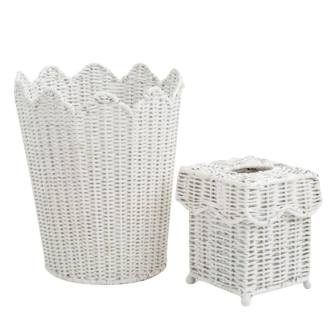 White SCALLOPED WICKER WASTEPAPER BASKET & TISSUE HOLDER