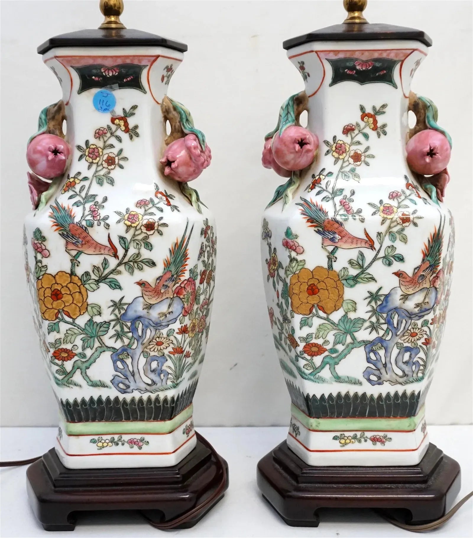 Pair of Chinese Famille Rose Pomegranate Lamps