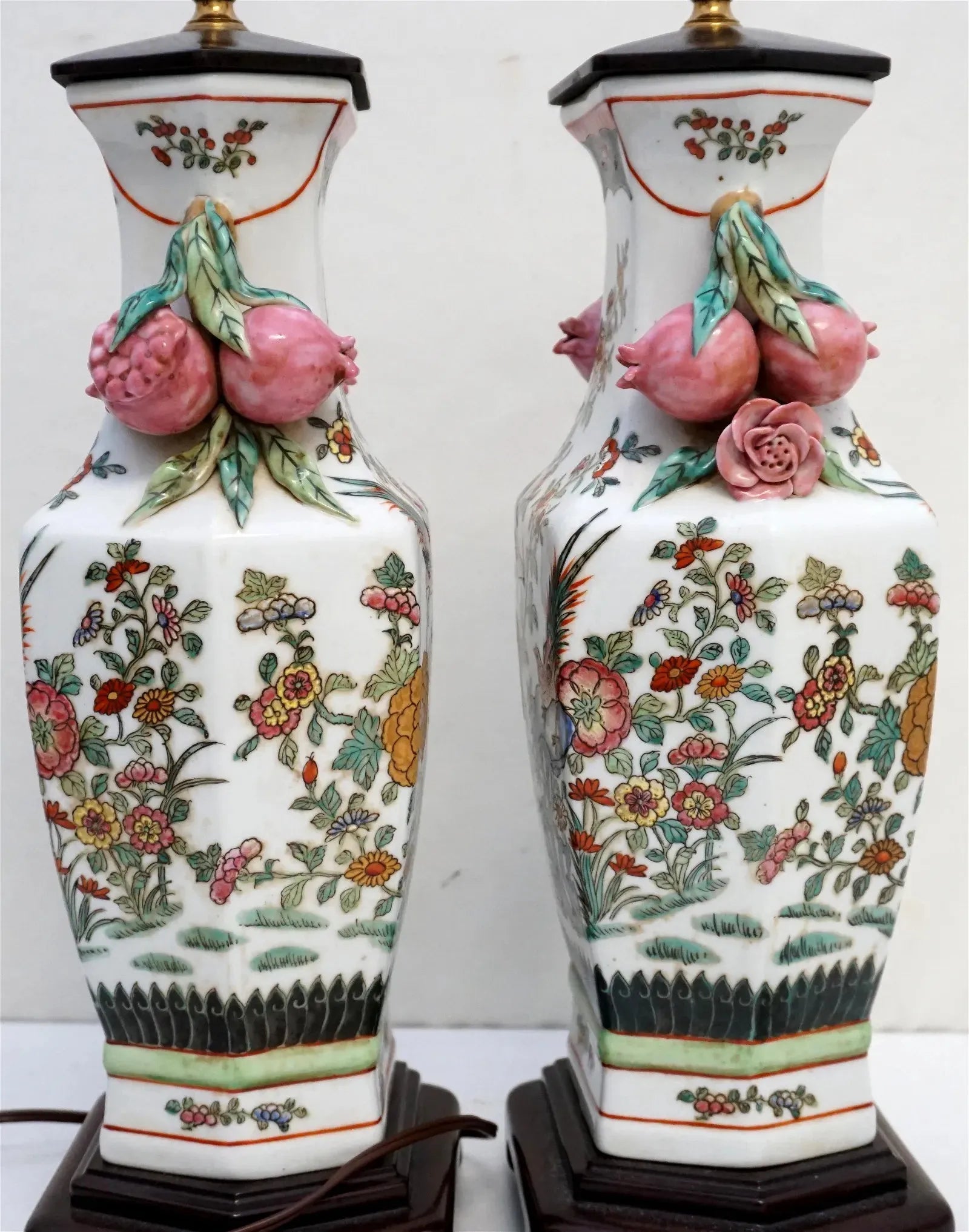 Pair of Chinese Famille Rose Pomegranate Lamps