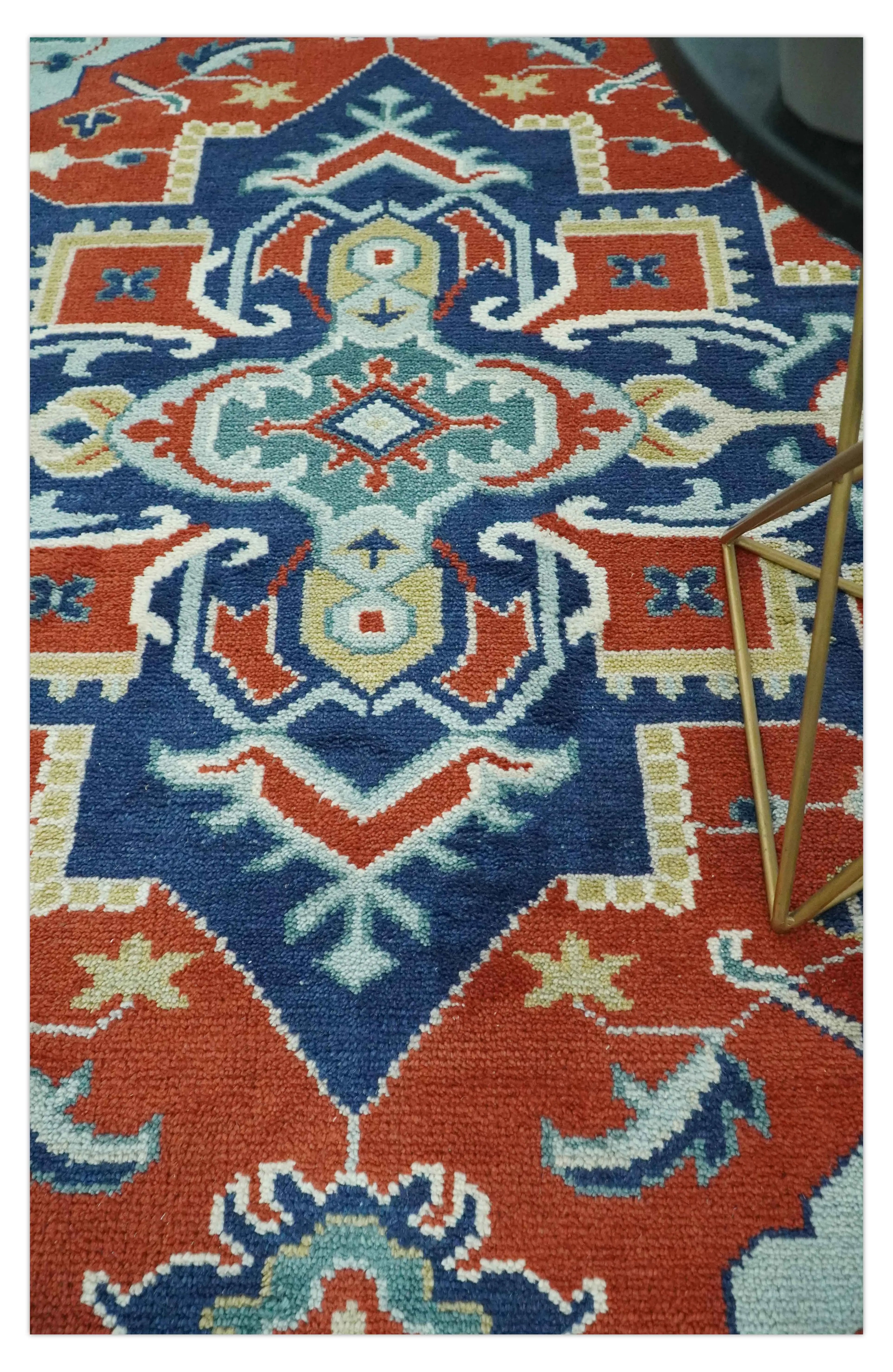 Custom Made Rust, Blue and Silver hand knotted Traditional Heriz wool area rug