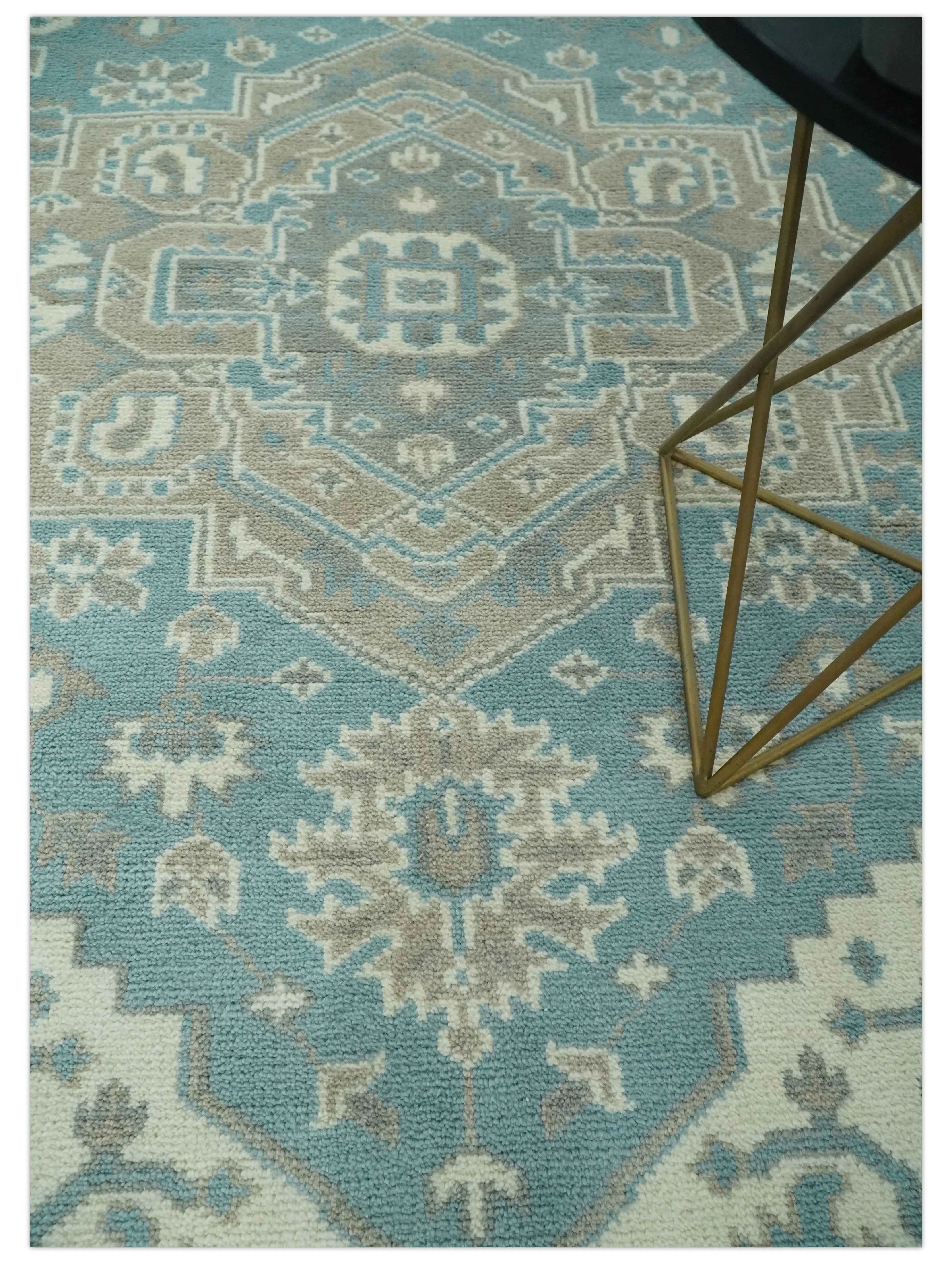 Custom Made Hand Knotted Blue, Ivory, Camel and Gray Traditional Heriz wool rug