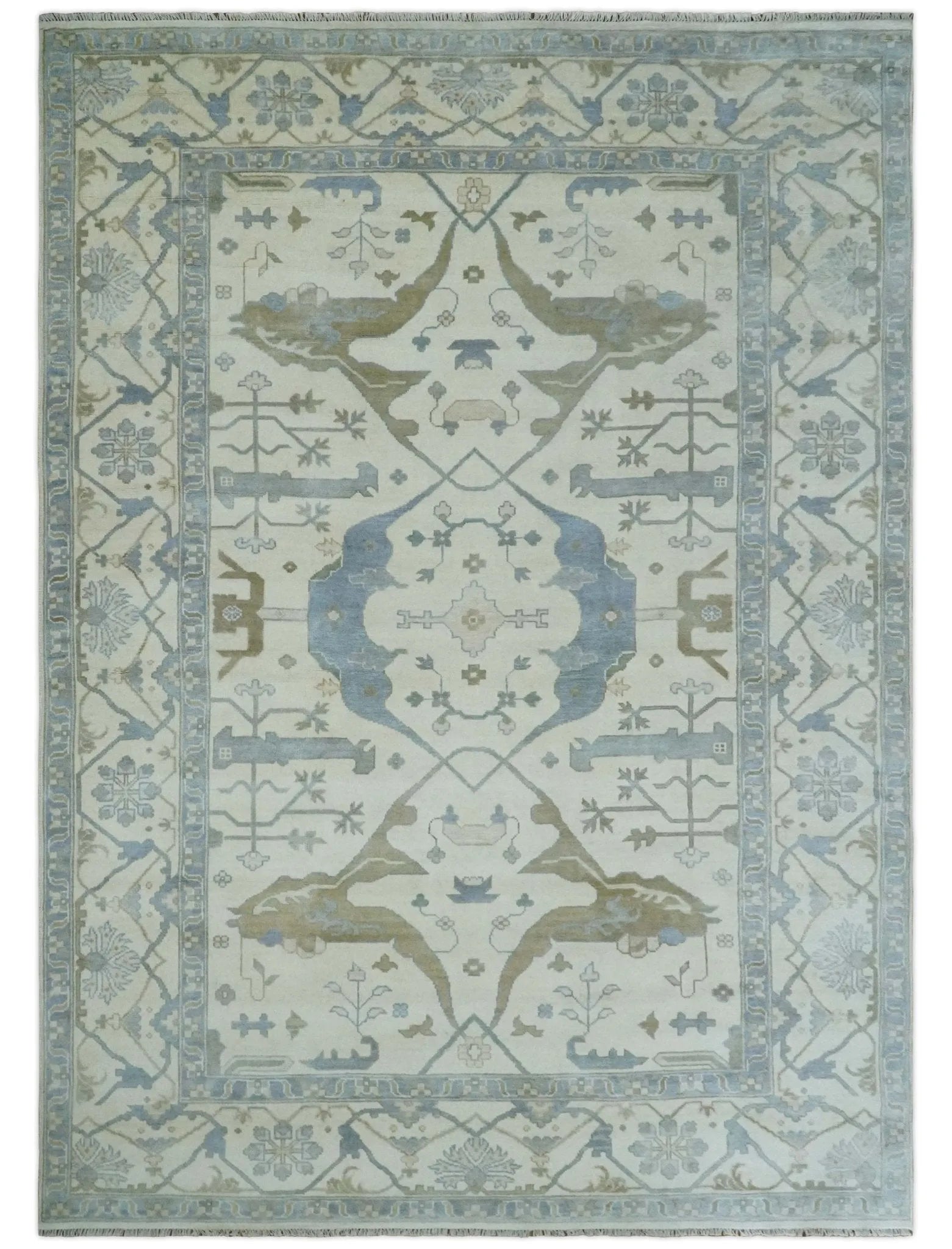 10x14 Ivory, Charcoal and Olive Hand knotted Traditional Oriental Oushak Wool Area Rug