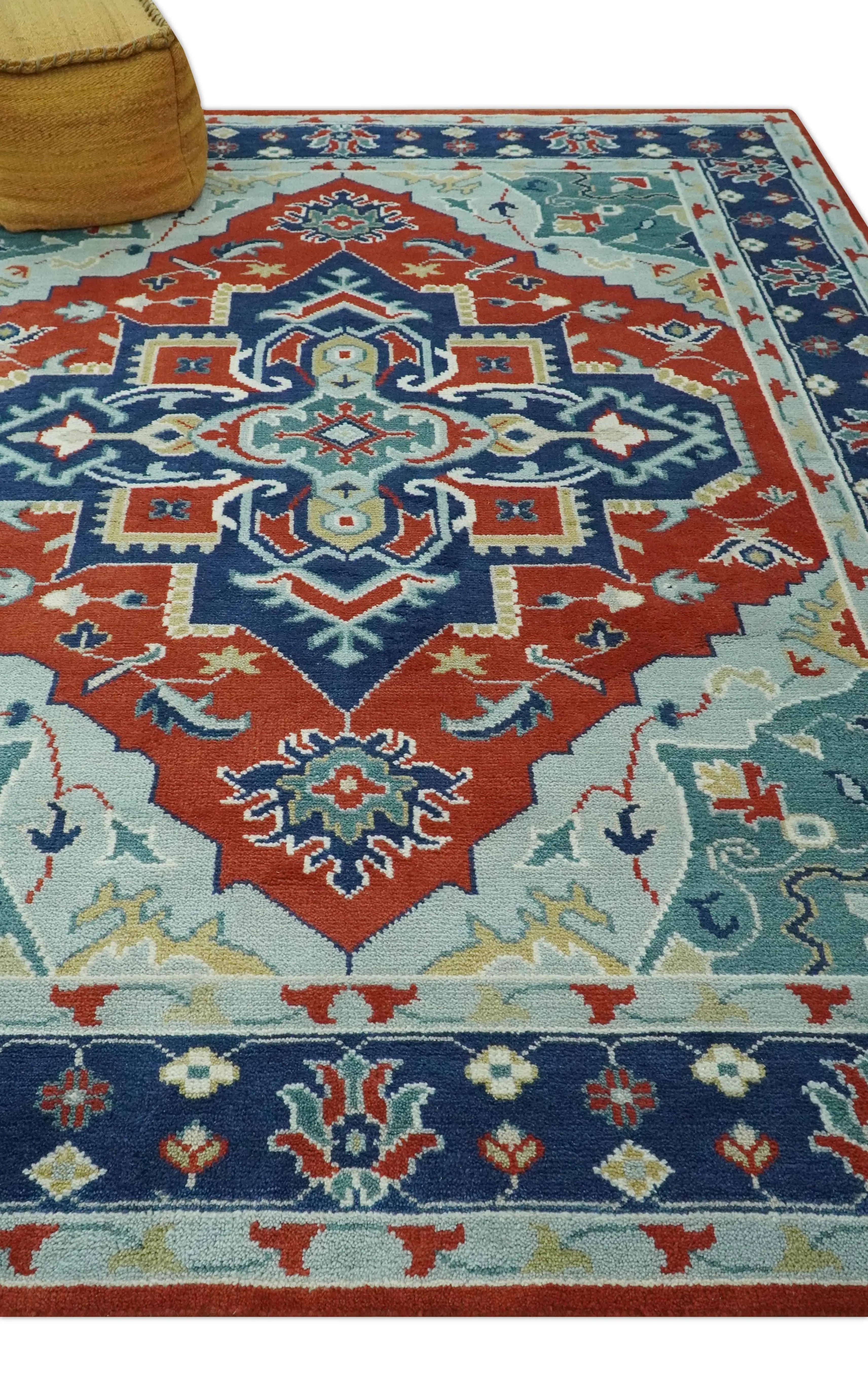 Custom Made Rust, Blue and Silver hand knotted Traditional Heriz wool area rug