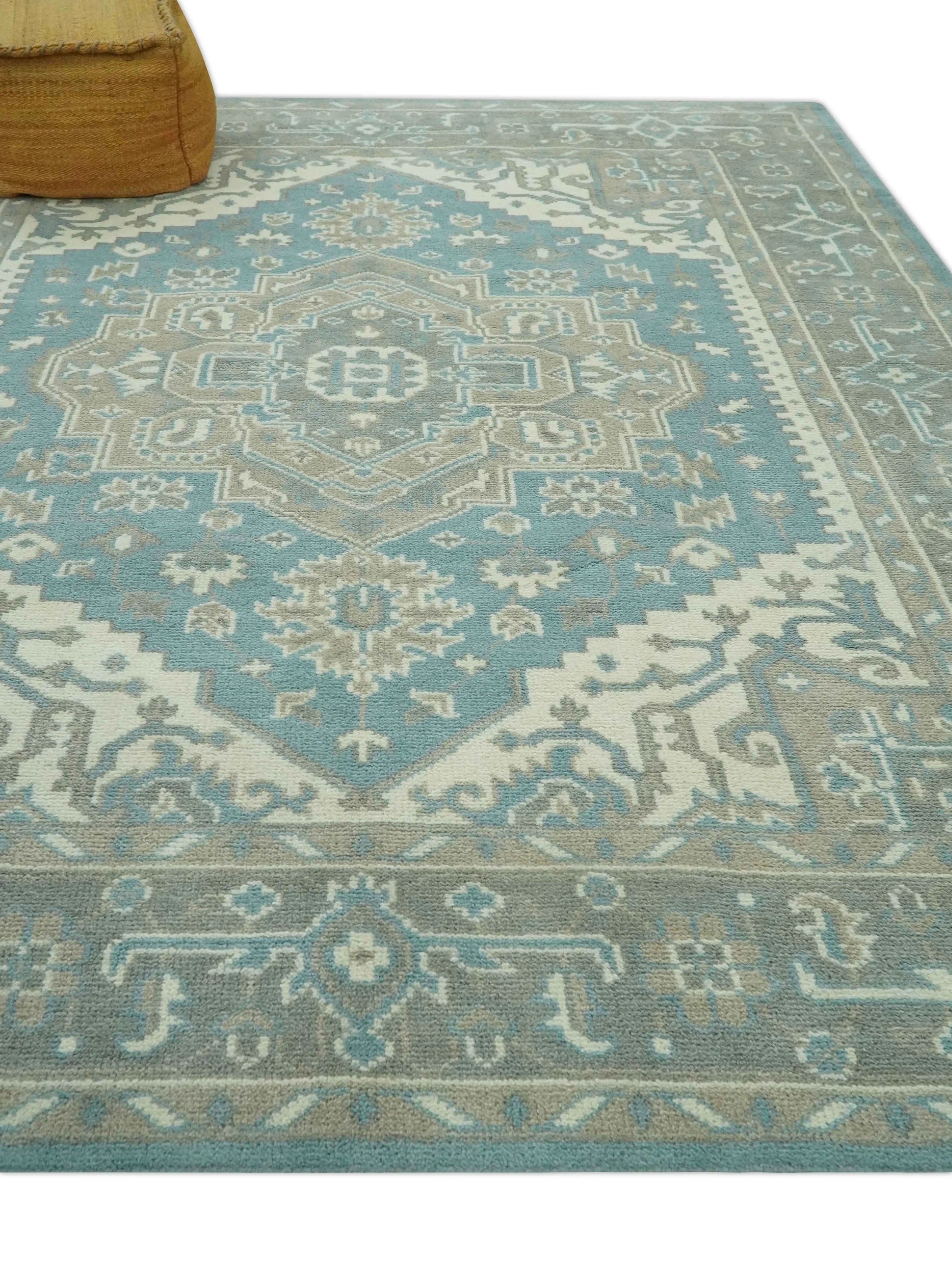 Custom Made Hand Knotted Blue, Ivory, Camel and Gray Traditional Heriz wool rug