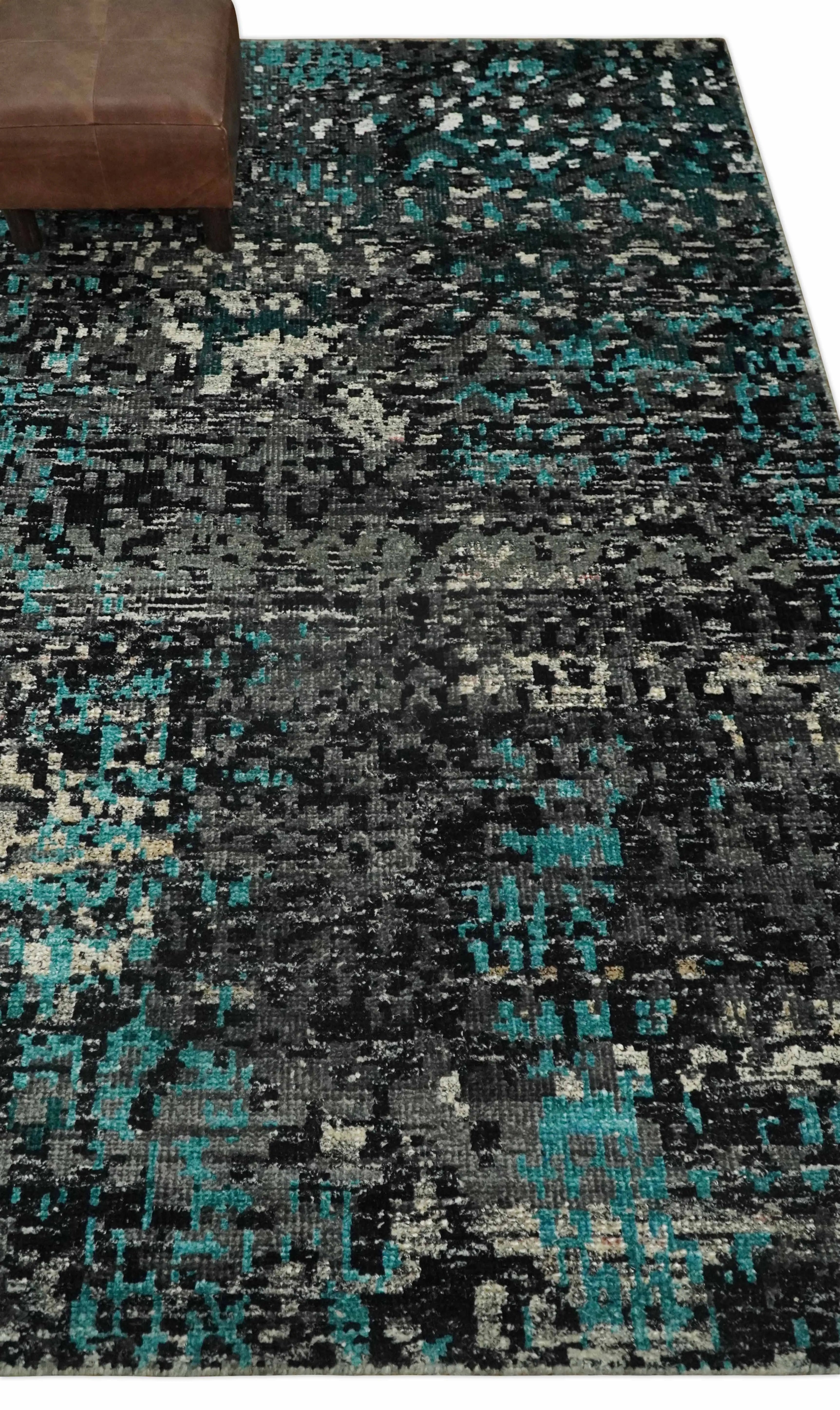 5x8 Hand Knotted Charcoal, Ivory and Blue Modern Abstract Contemporary Recycled Silk Area Rug | OP68