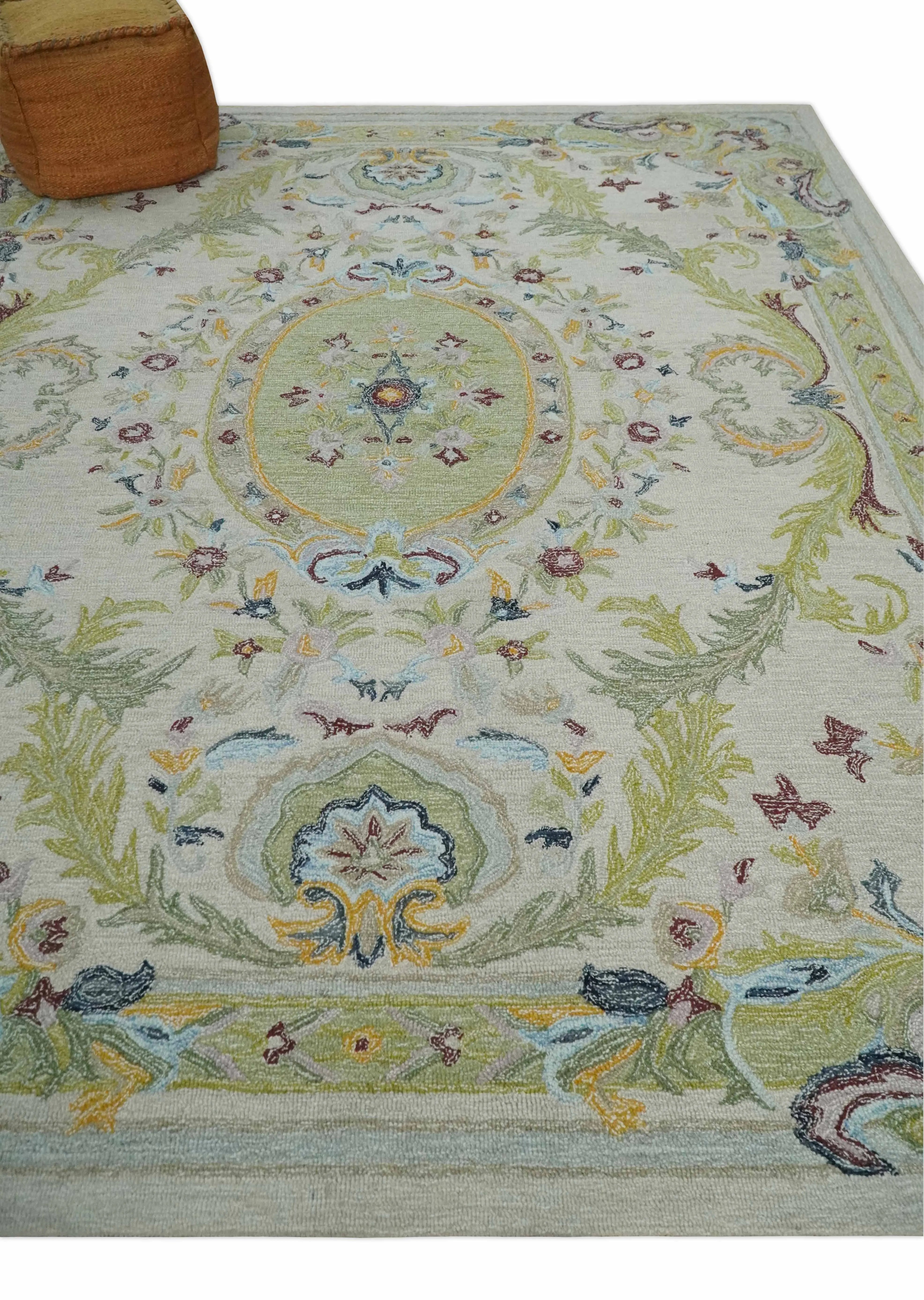 Ivory and Green Custom Made French Design Aubusson Hand Tufted Wool Area Rug