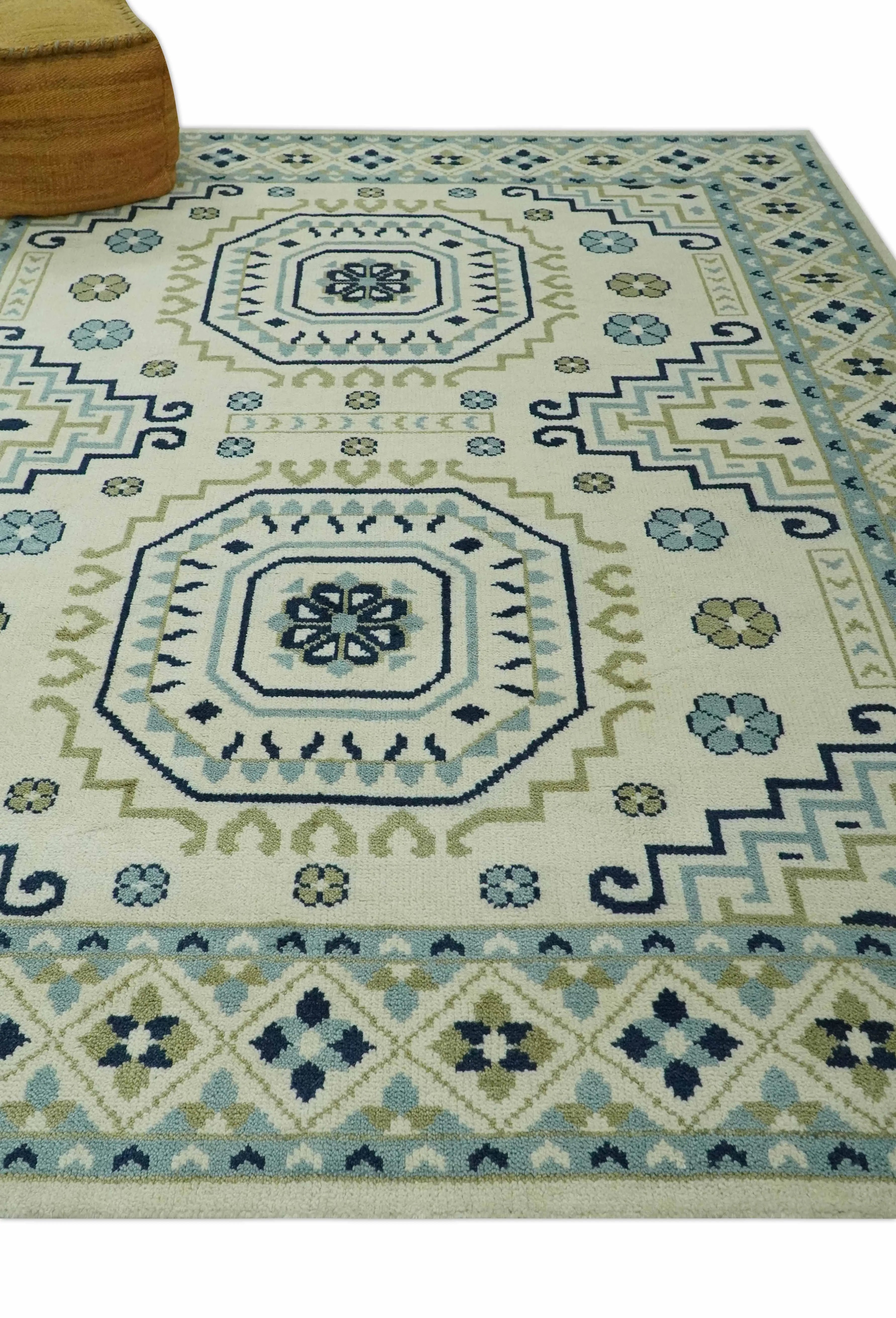 Ivory, Blue and Olive Traditional Mamluk design Custom Made wool area Rug