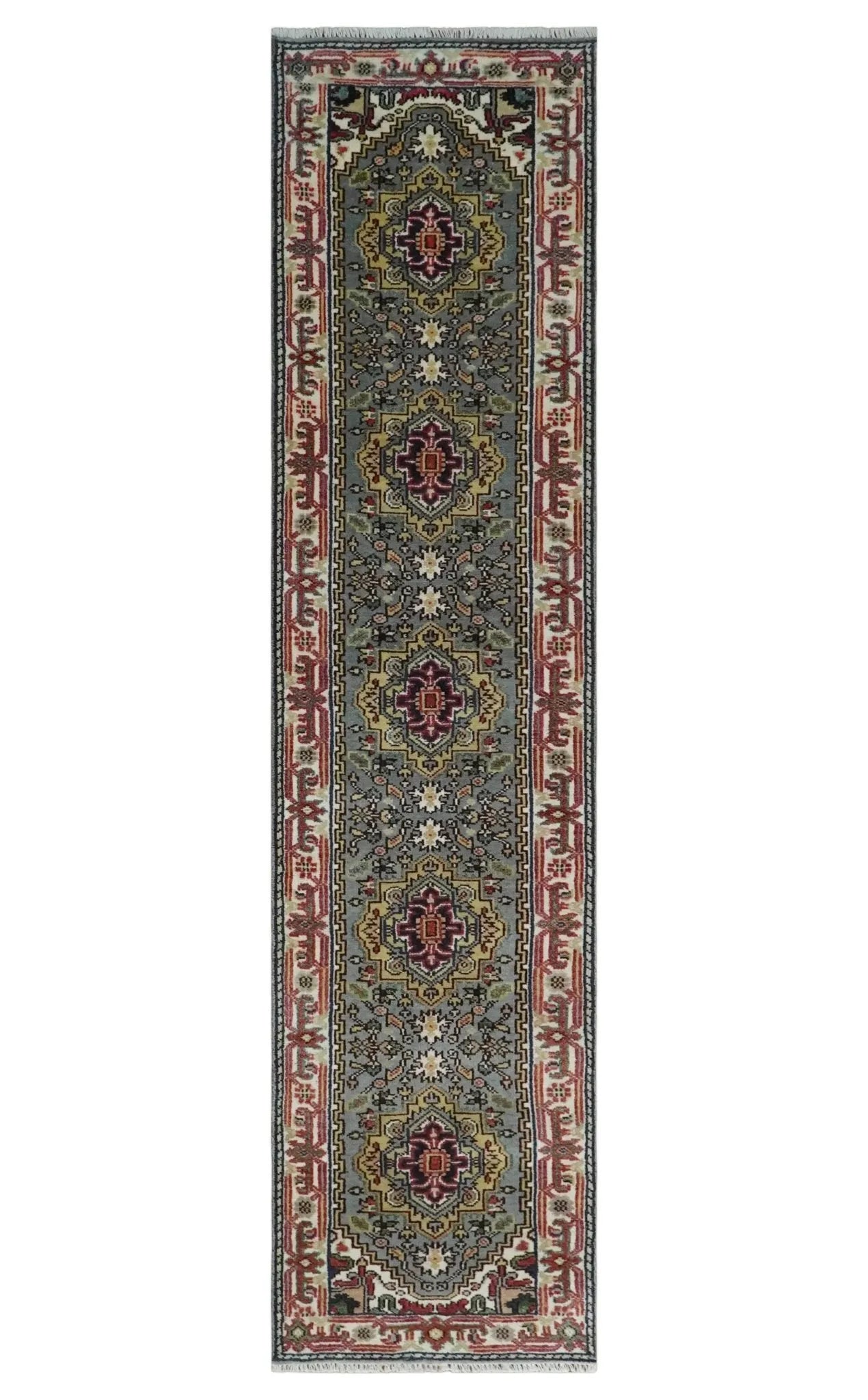 12 feet runner Mustard, Charcoal and Ivory Hand knotted Traditional wool Area Rug