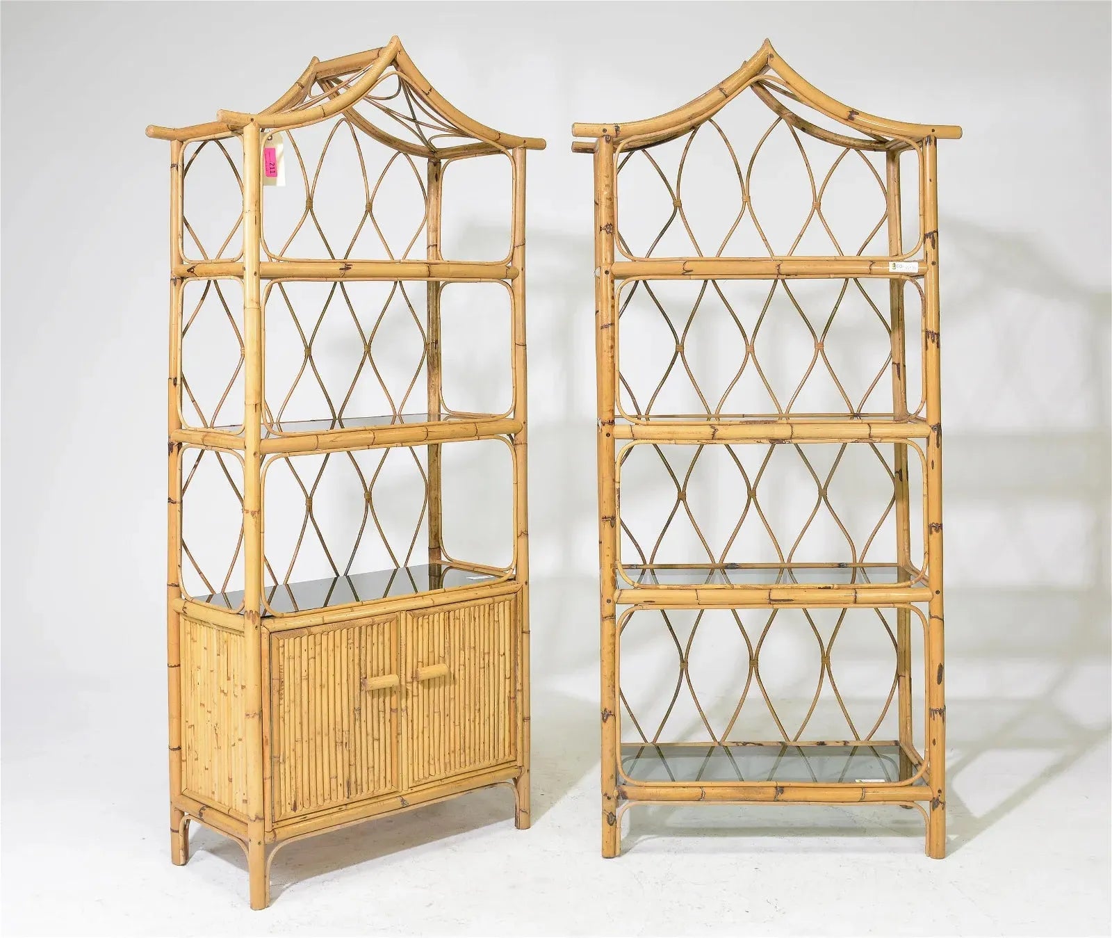 Pair of Bamboo Pagoda Shape Tiki Style Display Shelves