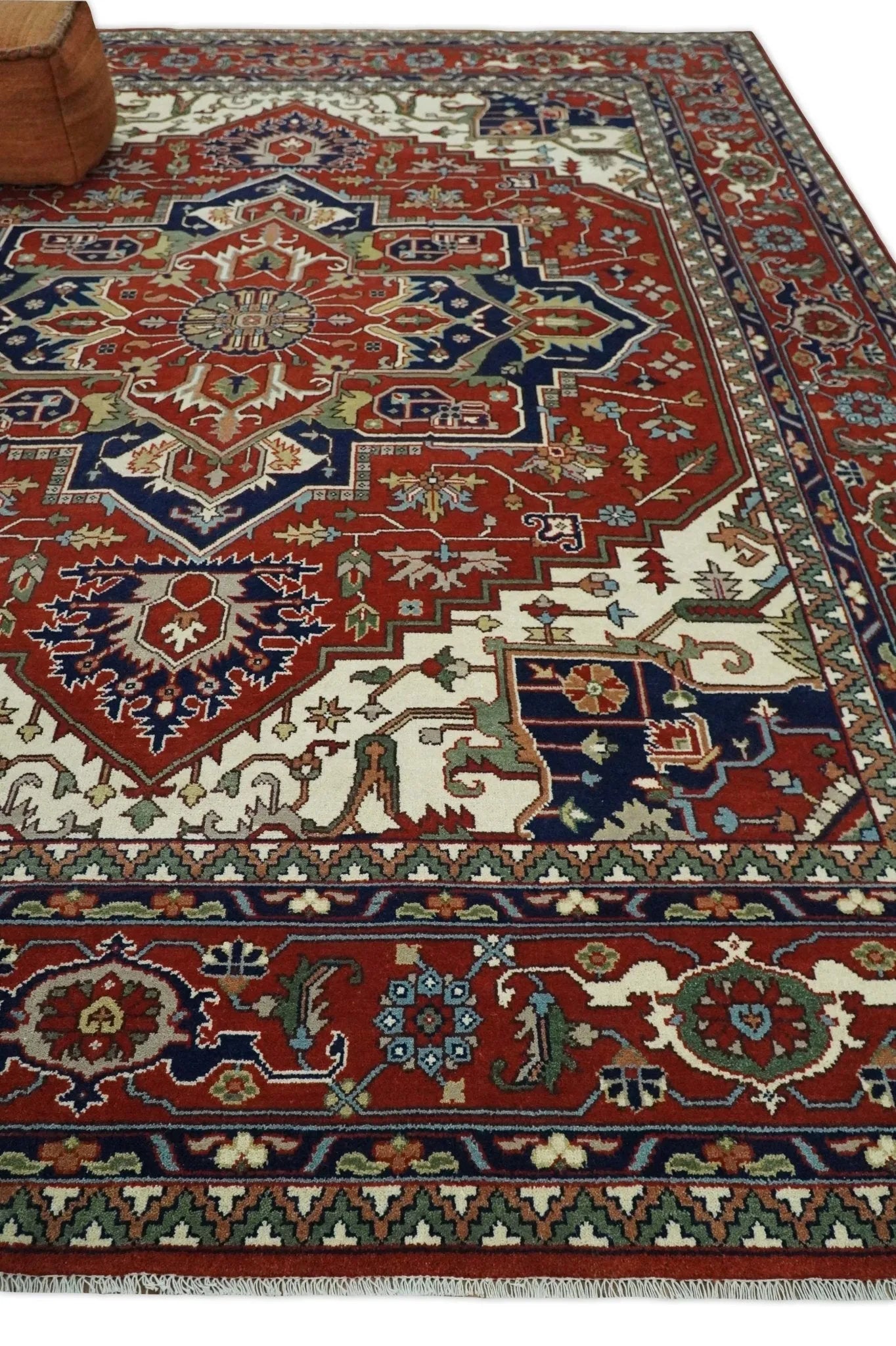 12x15 Hand Knotted Red and Ivory Traditional Heriz Serapi Antique Wool Rug | TRDCP4251215