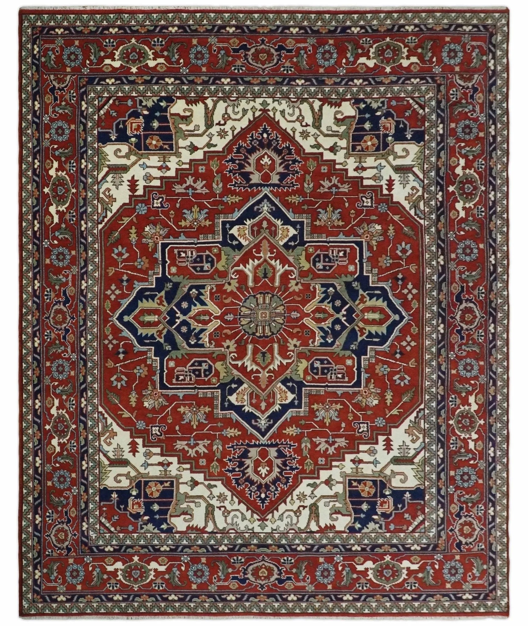 12x15 Hand Knotted Red and Ivory Traditional Heriz Serapi Antique Wool Rug | TRDCP4251215