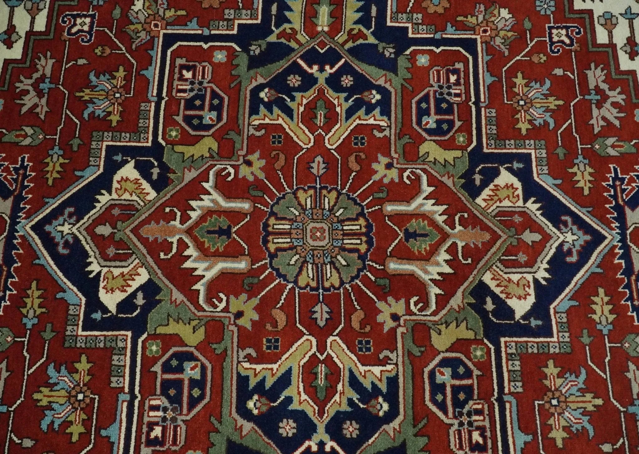 12x15 Hand Knotted Red and Ivory Traditional Heriz Serapi Antique Wool Rug | TRDCP4251215