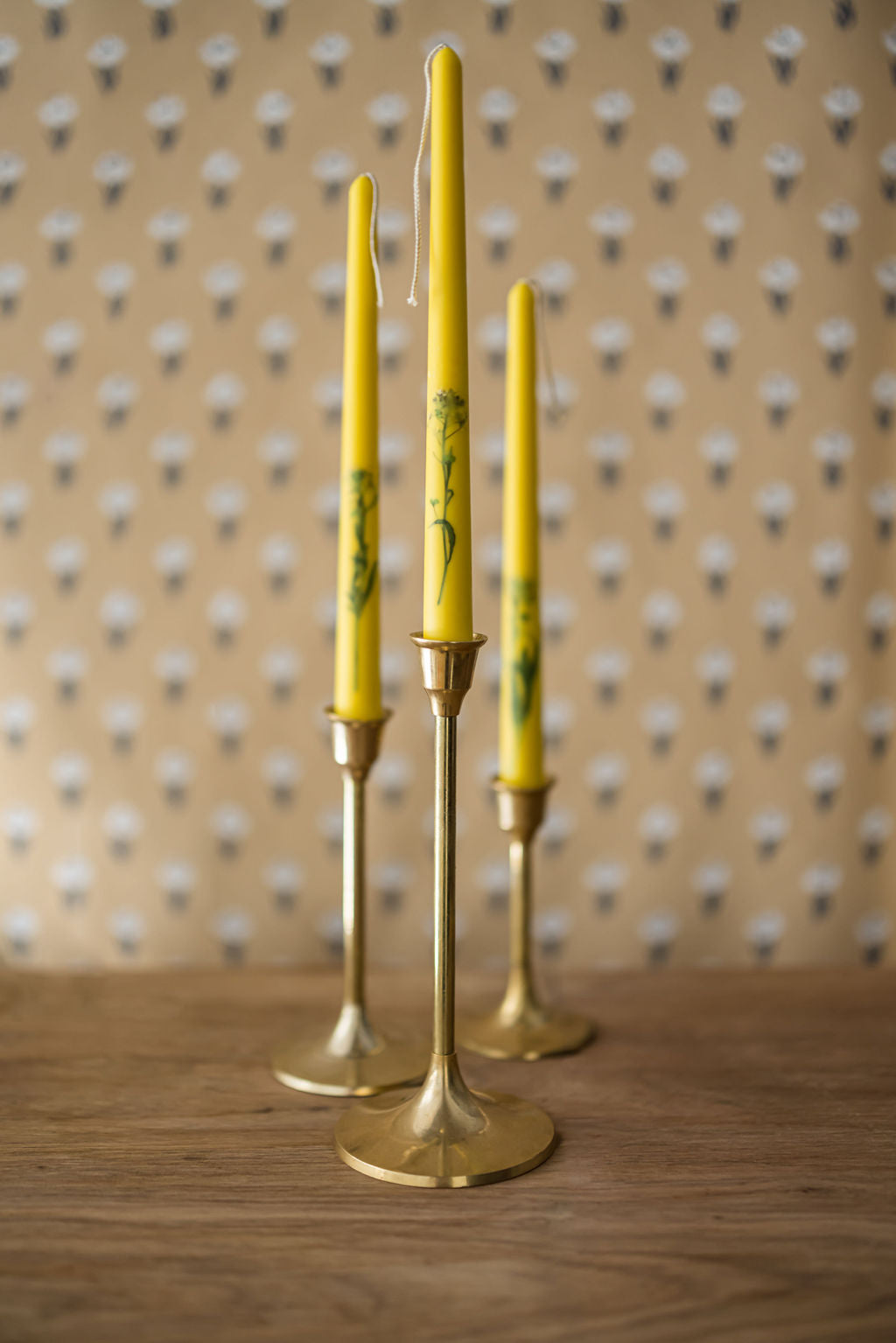 Floral Inlaid Tapered Candles in Yellow- Set of 3