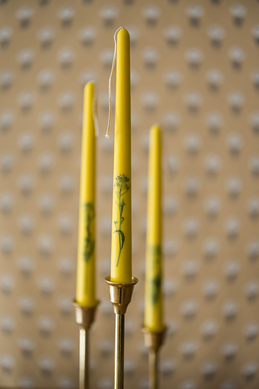 Floral Inlaid Tapered Candles in Yellow- Set of 3