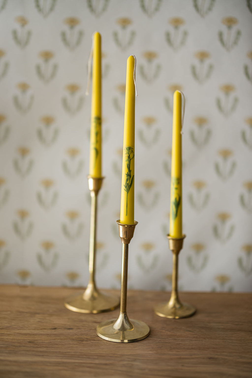 Floral Inlaid Tapered Candles in Yellow- Set of 3