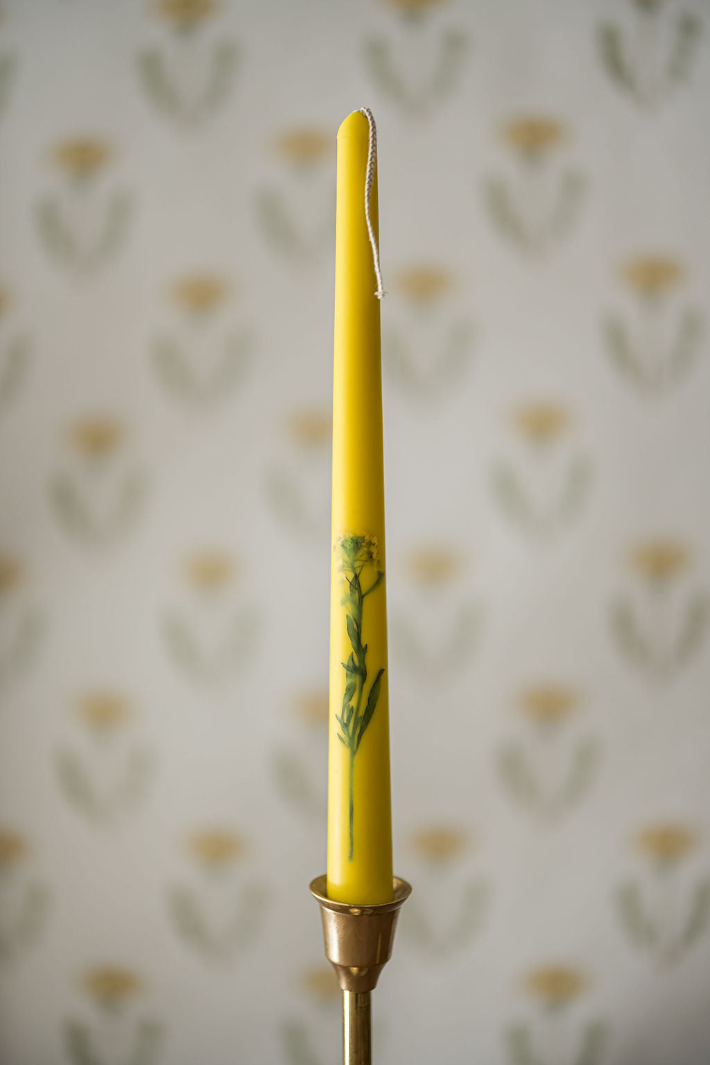 Floral Inlaid Tapered Candles in Yellow- Set of 3