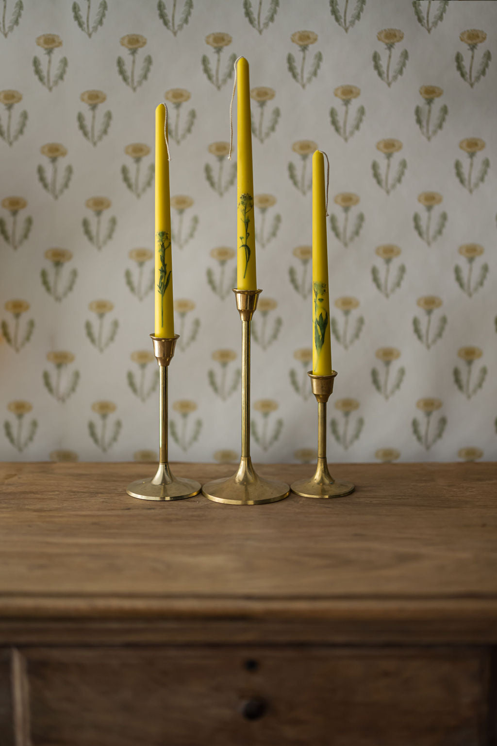 Floral Inlaid Tapered Candles in Yellow- Set of 3