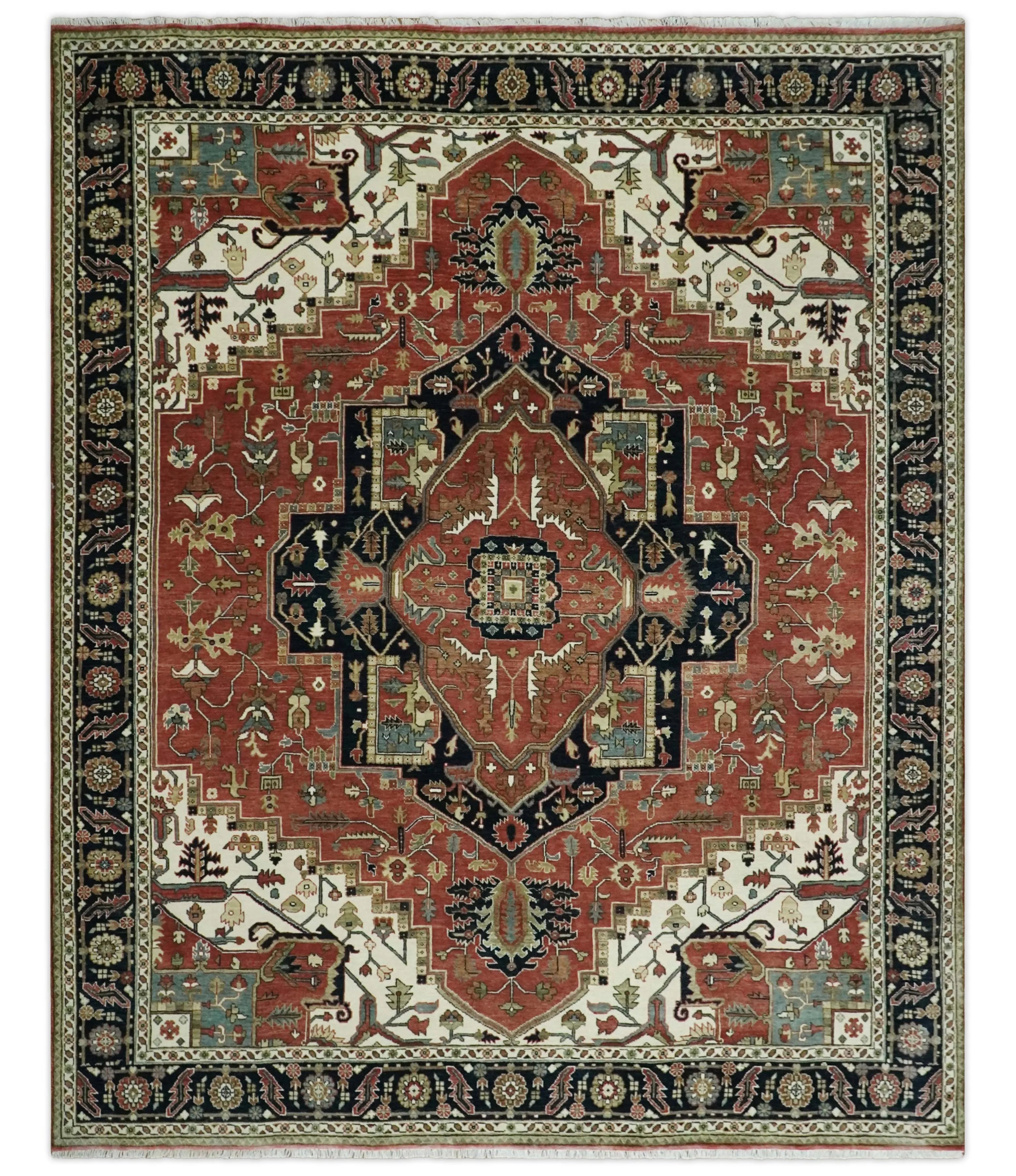 8x10 and 9x12 Wool Hand Knotted Heriz Serapi Black, Rust and Ivory Floral Area Rug | TRDCP1063