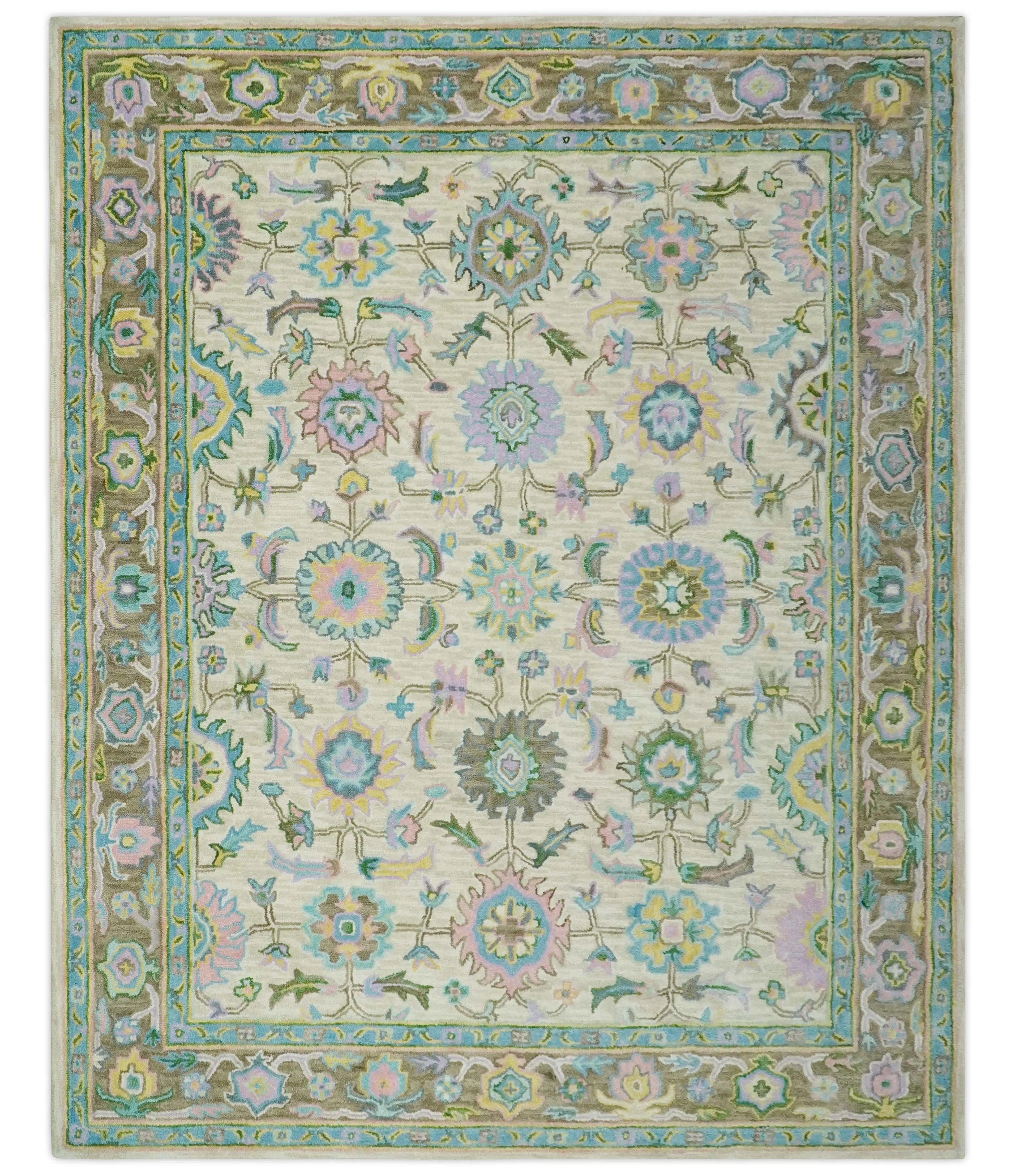 Custom Made Beige, Blue and Purple Traditional Floral Hand Tufted wool rug