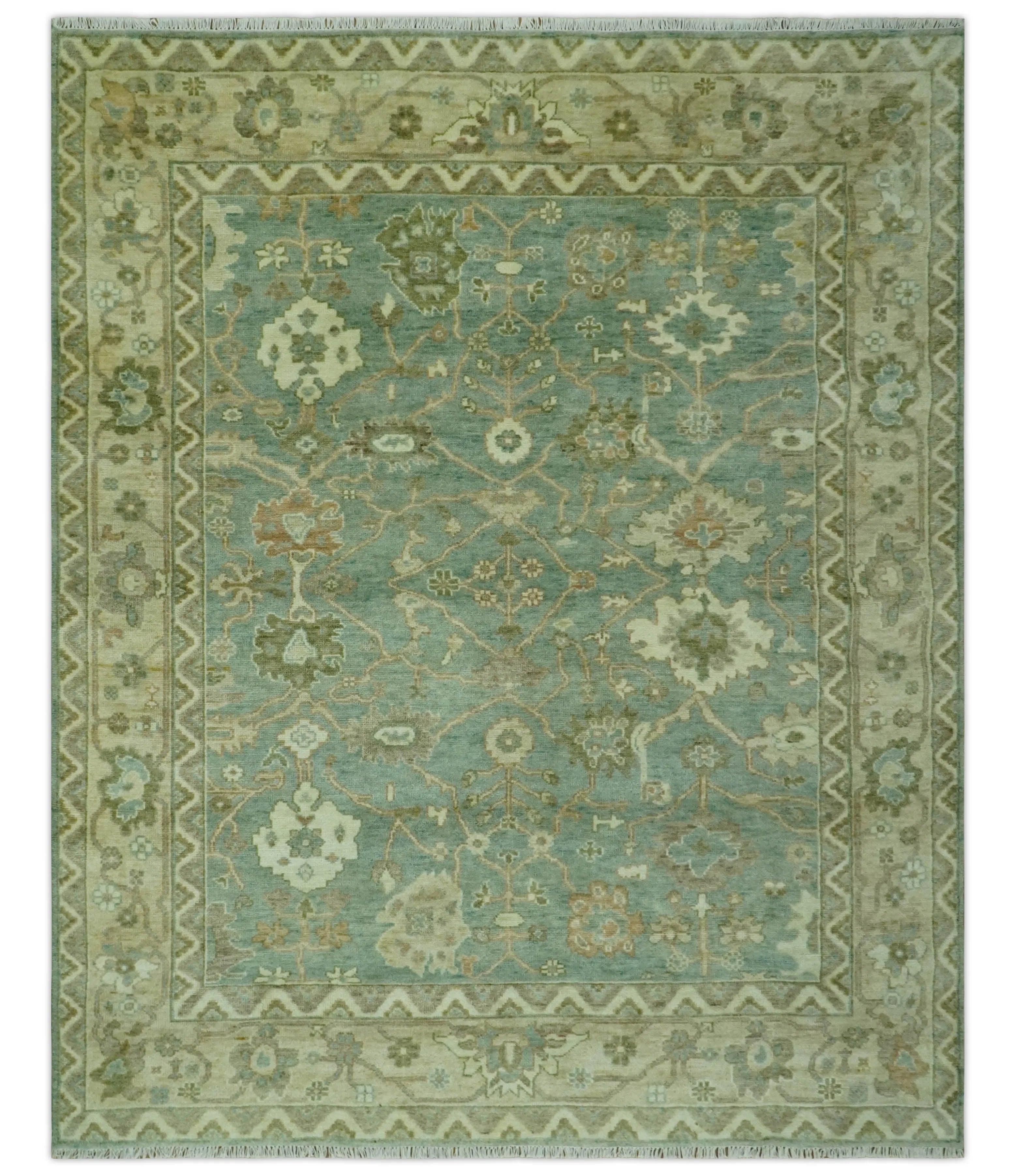 Antique design Green and Beige Traditional Oriental Oushak Custom Made wool area rug