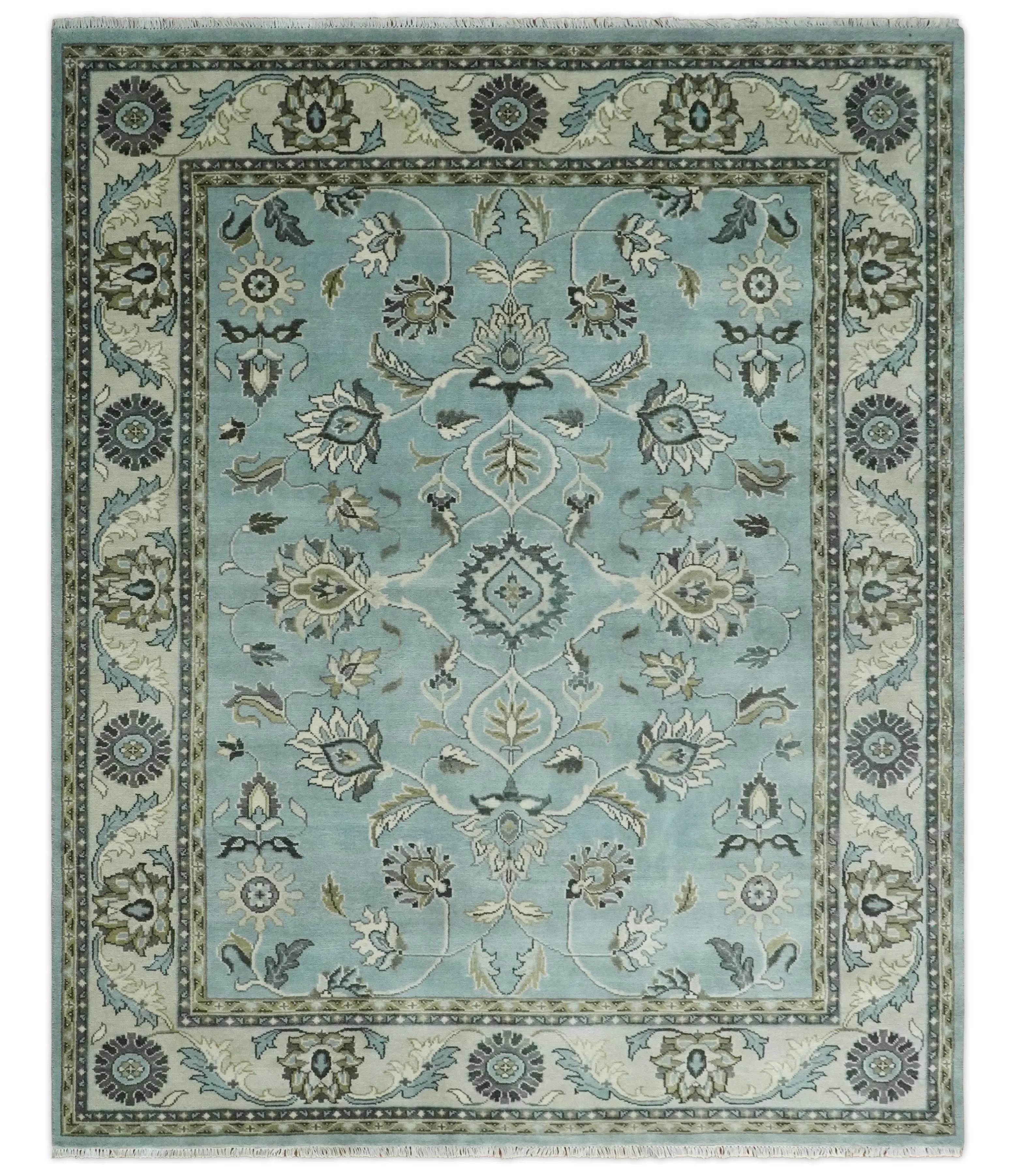 8x10 and 9x12 Antique Hand Knotted Blue and Ivory Traditional Vintage Persian Oushak Wool Rug | TRDCP998912