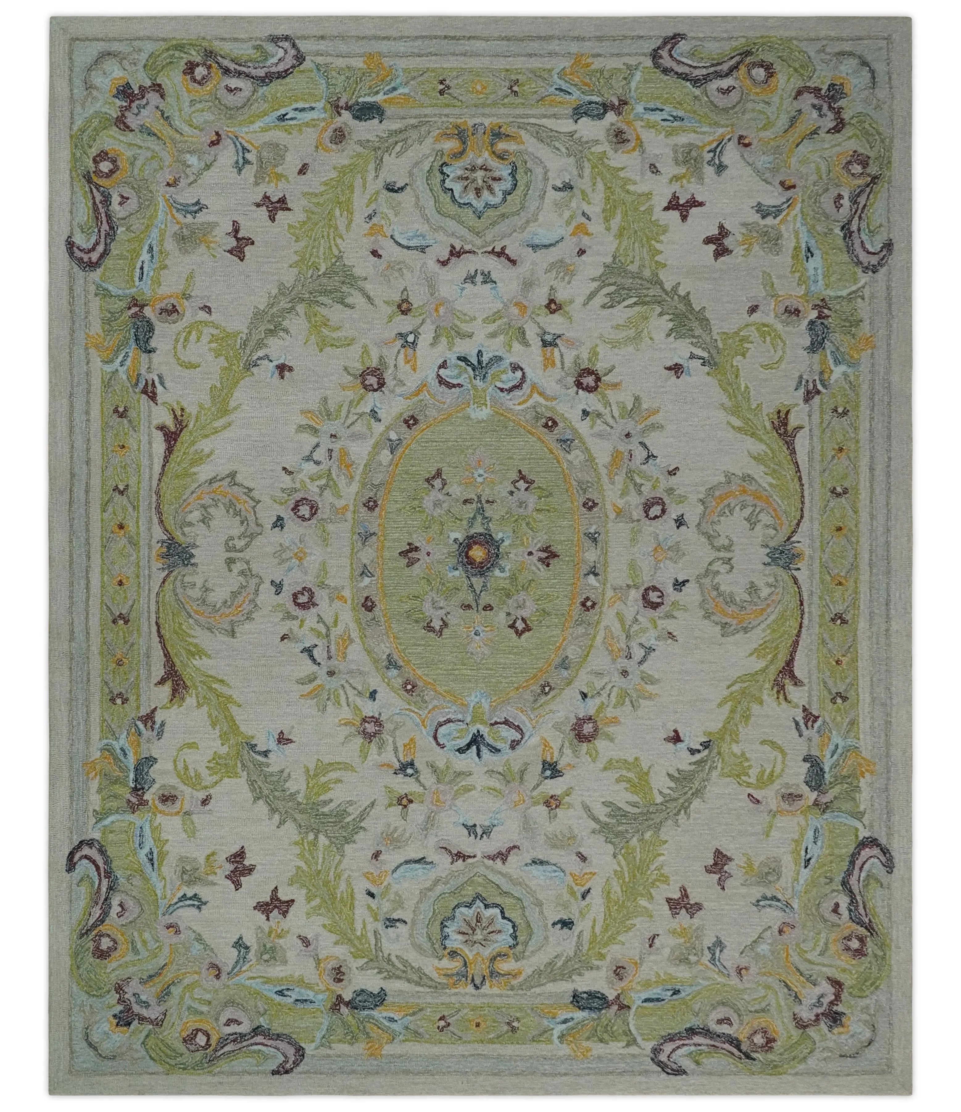 Ivory and Green Custom Made French Design Aubusson Hand Tufted Wool Area Rug