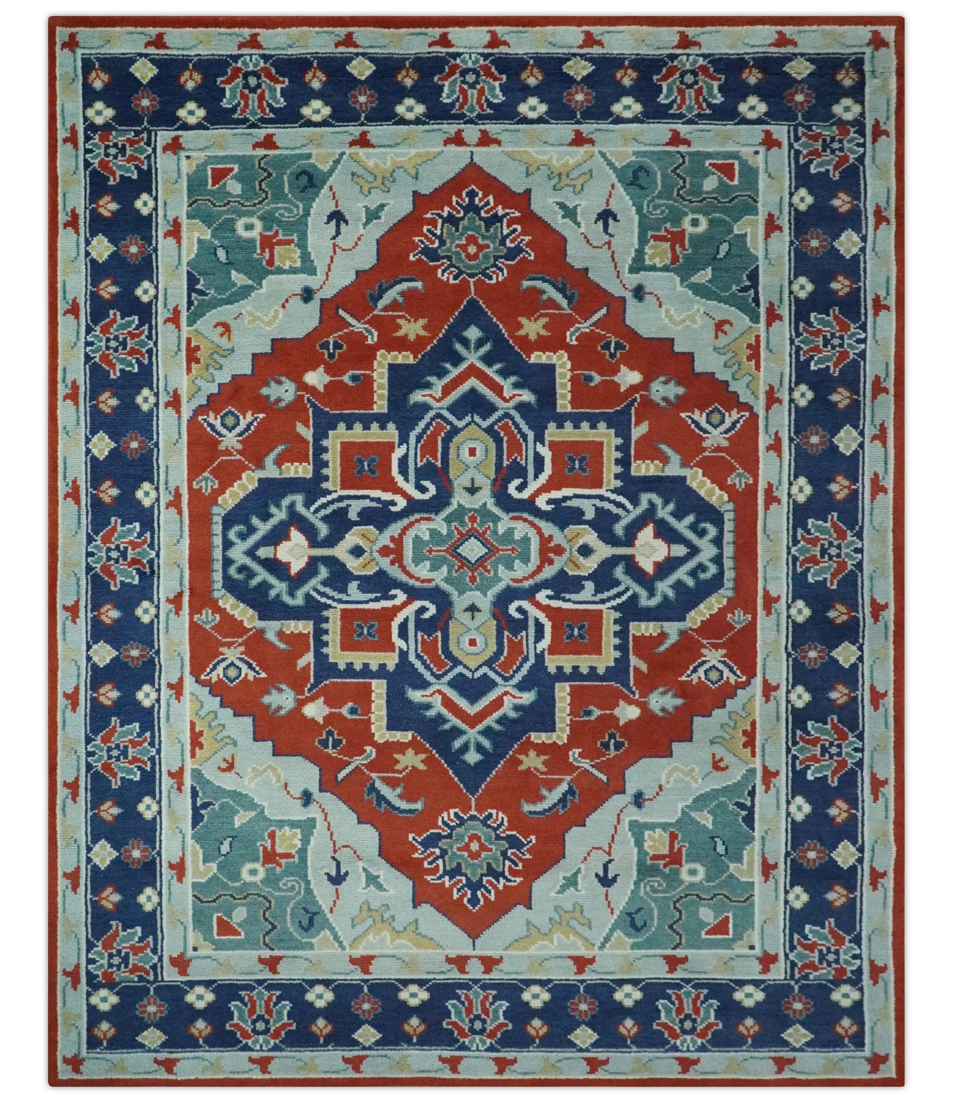 Custom Made Rust, Blue and Silver hand knotted Traditional Heriz wool area rug