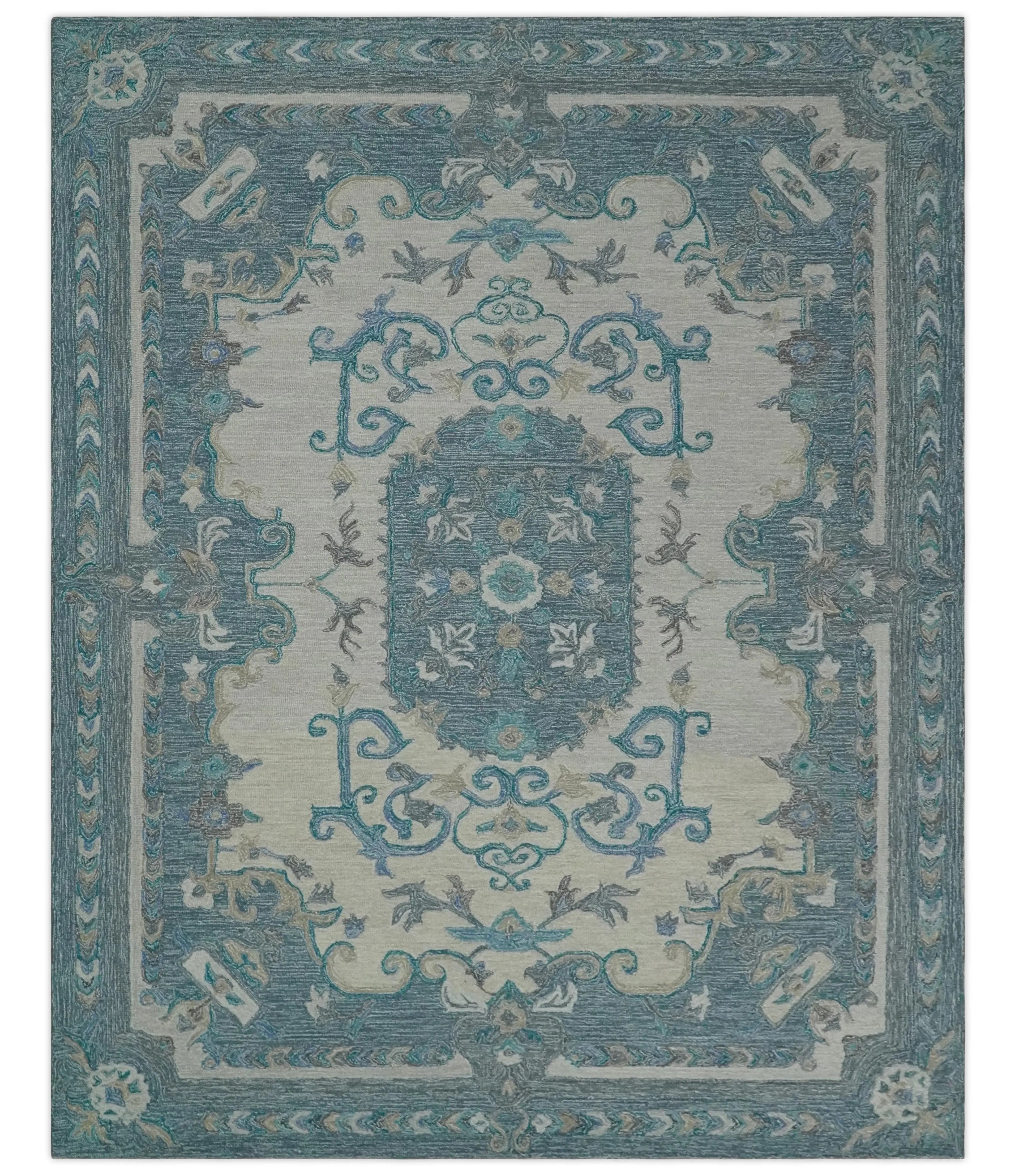 French Design Aubusson Custom Made Ivory and Blue Hand Tufted Wool Area Rug