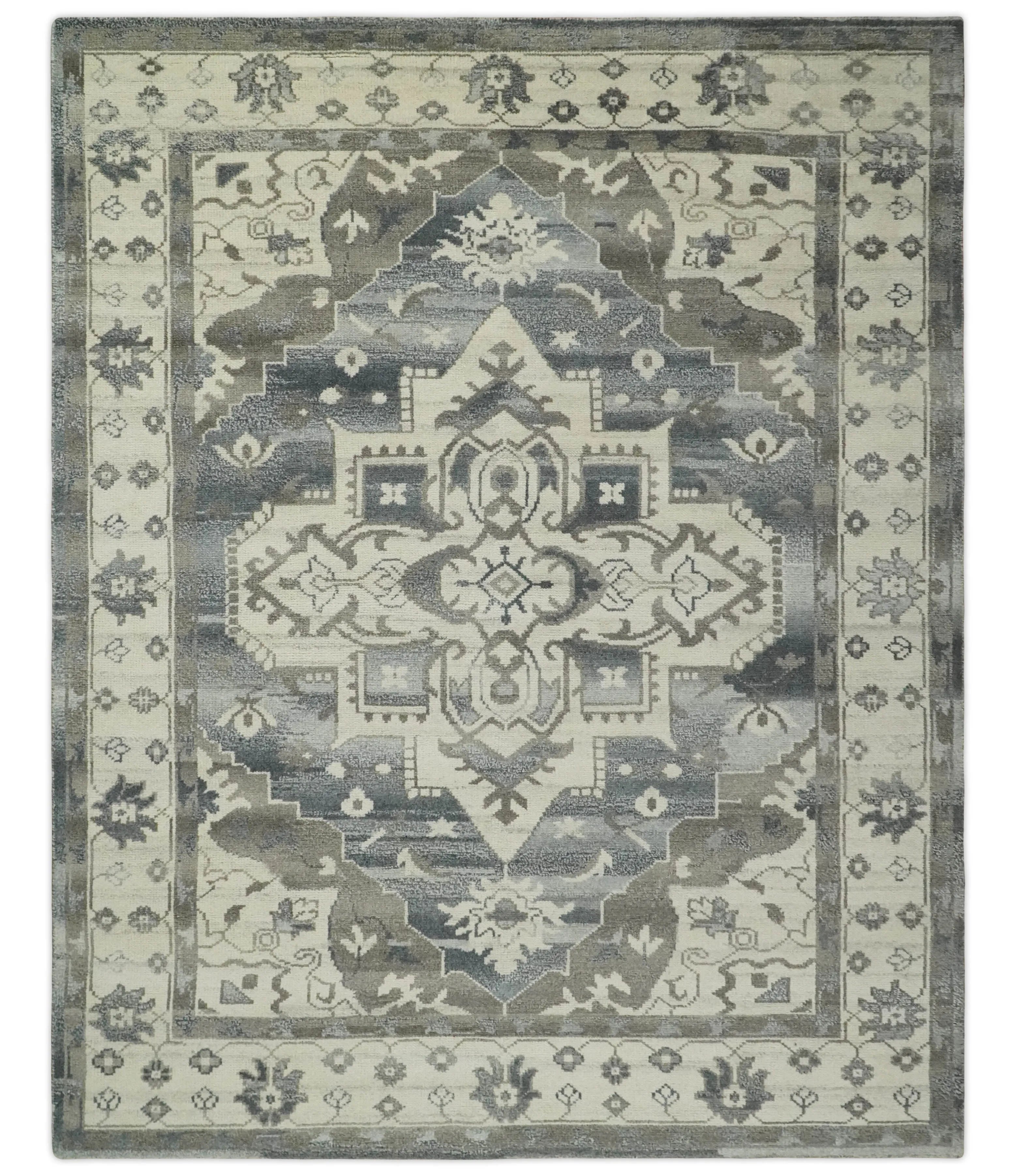 Custom Made Hand Knotted Ivory, Charcoal and Gray Traditional Medallion Natural Wool Area Rug, Kids, Living Room and Bedroom Rug