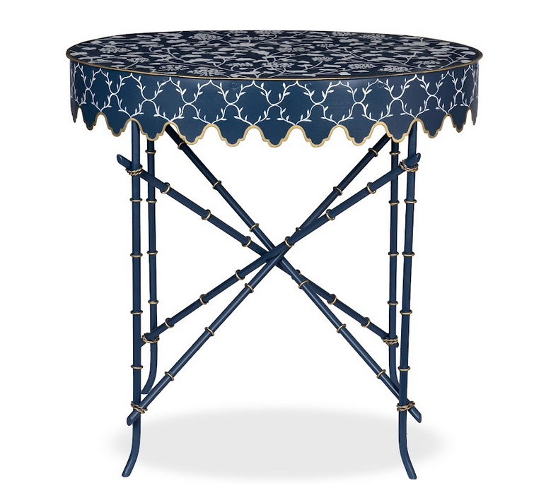 Navy & White Trellis Oval Scalloped Table