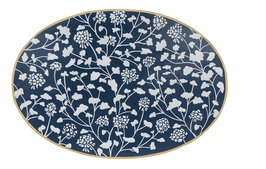 Navy & White Trellis Oval Scalloped Table