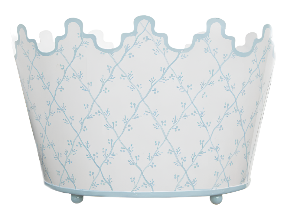 White & Pale Blue Trellis Scalloped Footed Planter