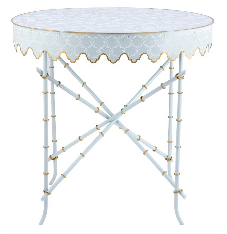 PALE BLUE & WHITE TRELLIS Oval SCALLOPED TABLE