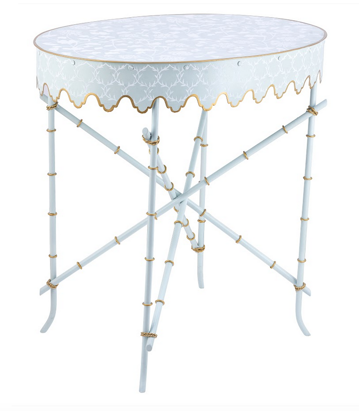 PALE BLUE & WHITE TRELLIS Oval SCALLOPED TABLE