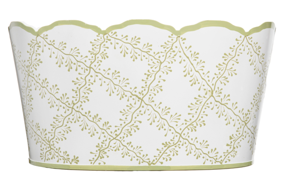 White & Green Trellis Scalloped Planter