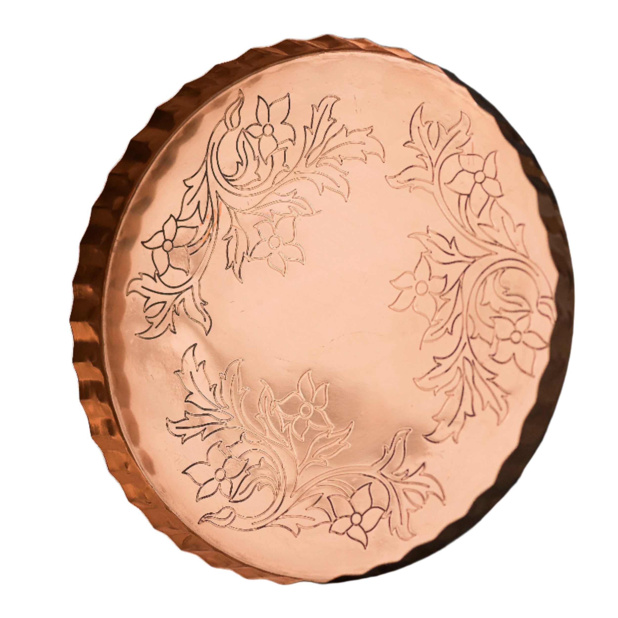 Embossed Serving Tray in Copper with Scalloped Edge