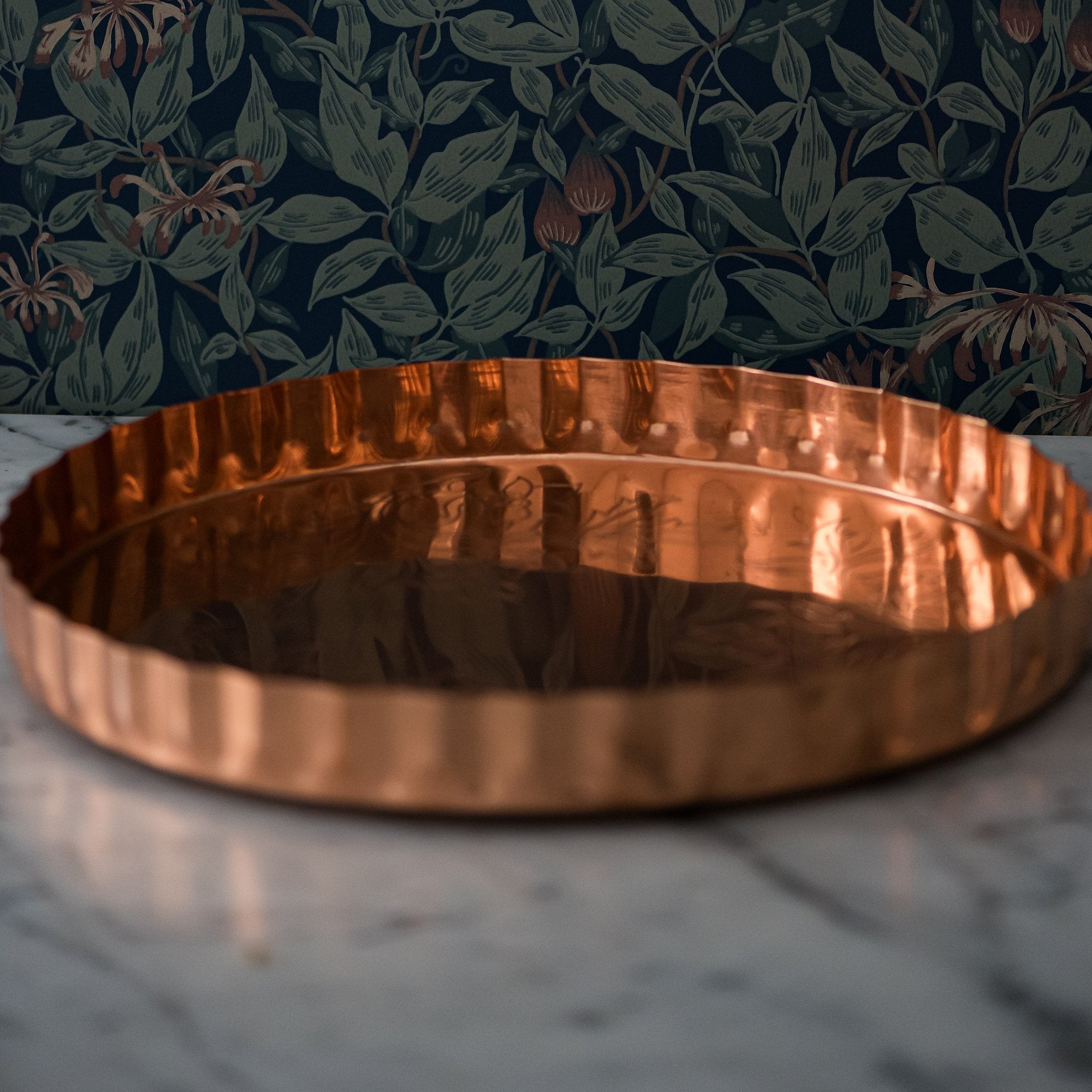 Embossed Serving Tray in Copper with Scalloped Edge