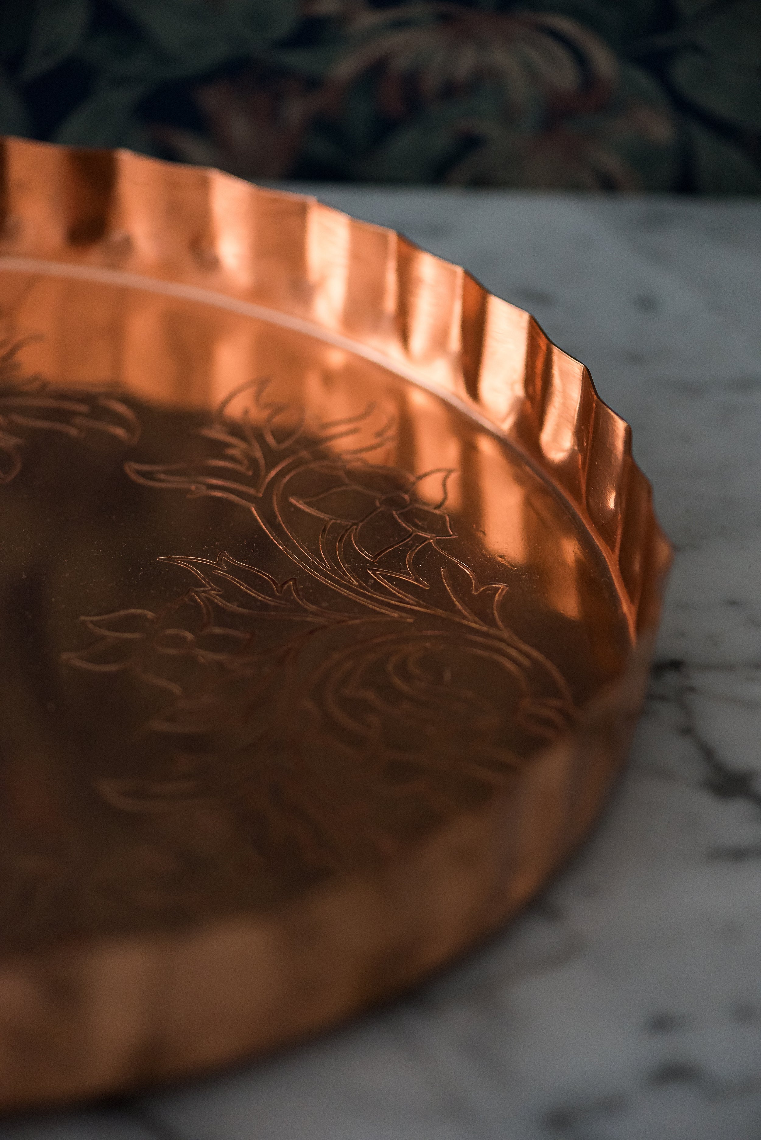 Embossed Serving Tray in Copper with Scalloped Edge