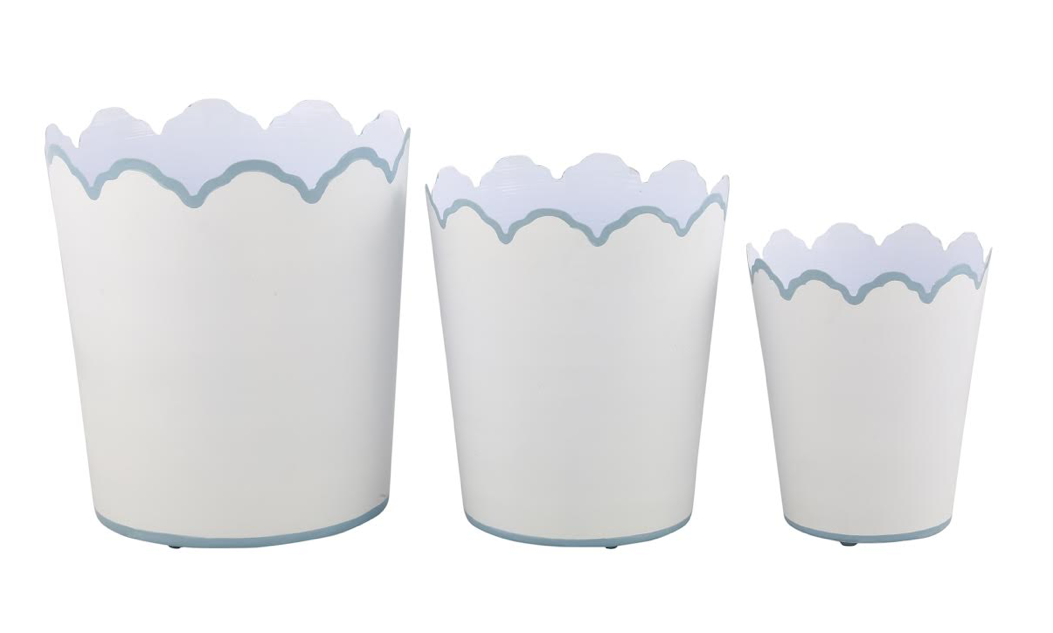 White & Pale Blue Scalloped Planters