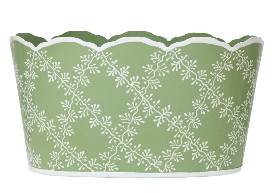 Green & White Trellis Scalloped Planter