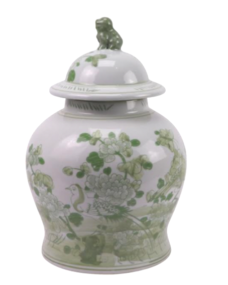 Mid Sized Green Floral and Bird Jar