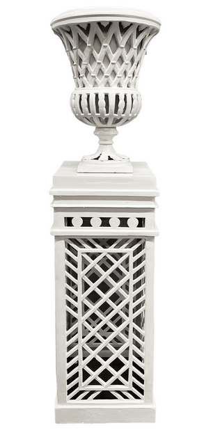 White CAST ALUMINUM FRETWORK URN and Pedestal