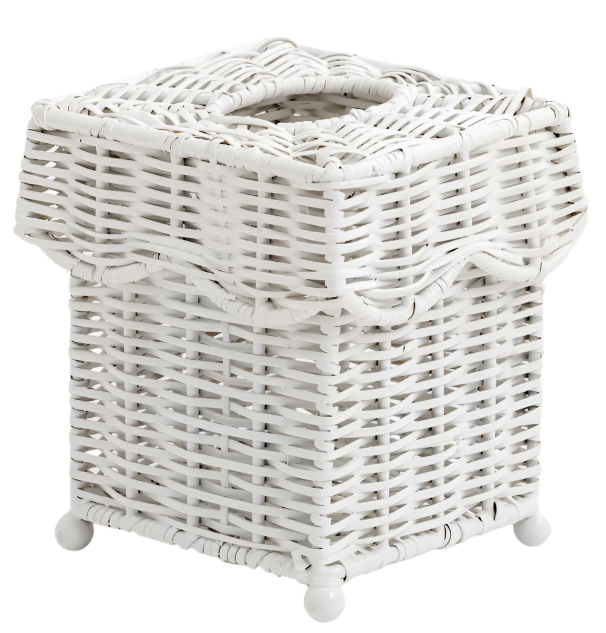 White SCALLOPED WICKER WASTEPAPER BASKET & TISSUE HOLDER