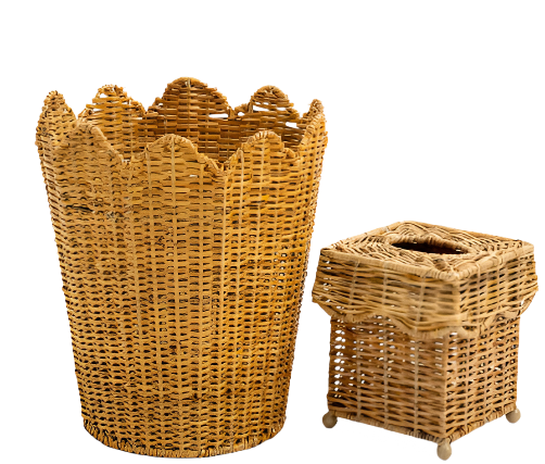 Natural Scalloped Wicker Wastepaper Basket & Tissue Holder